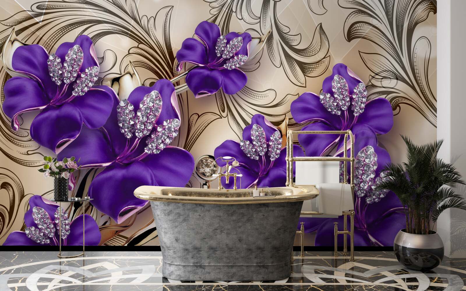 Fotobehang edelstenen en metalen versierd met paarse bloemen