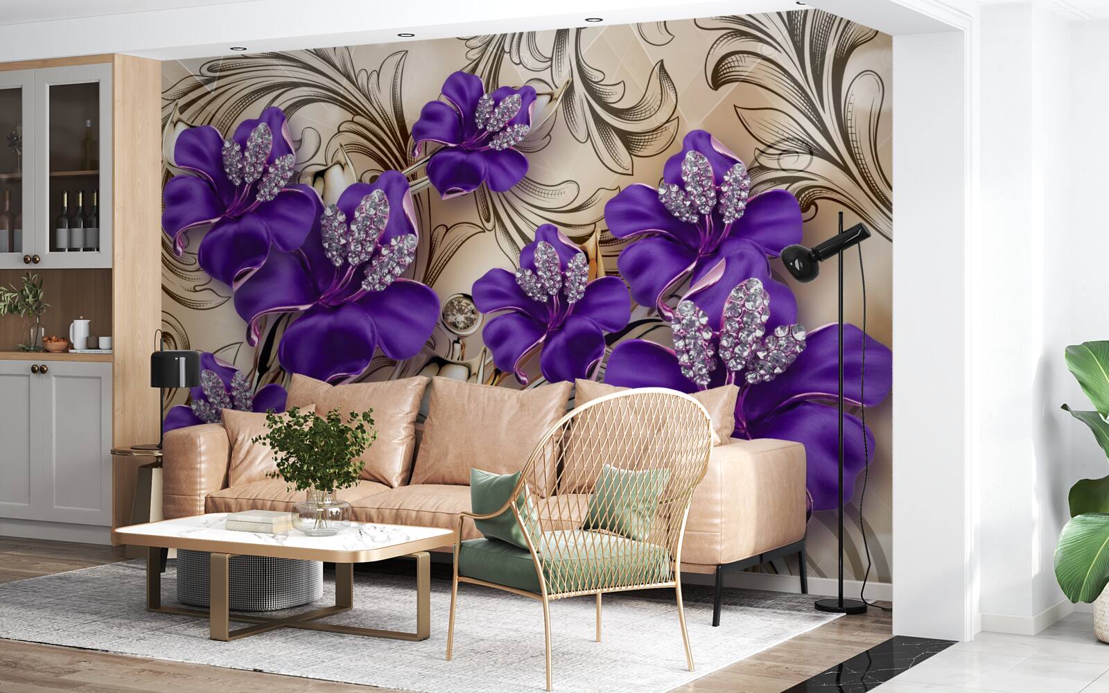 Fotobehang edelstenen en metalen versierd met paarse bloemen