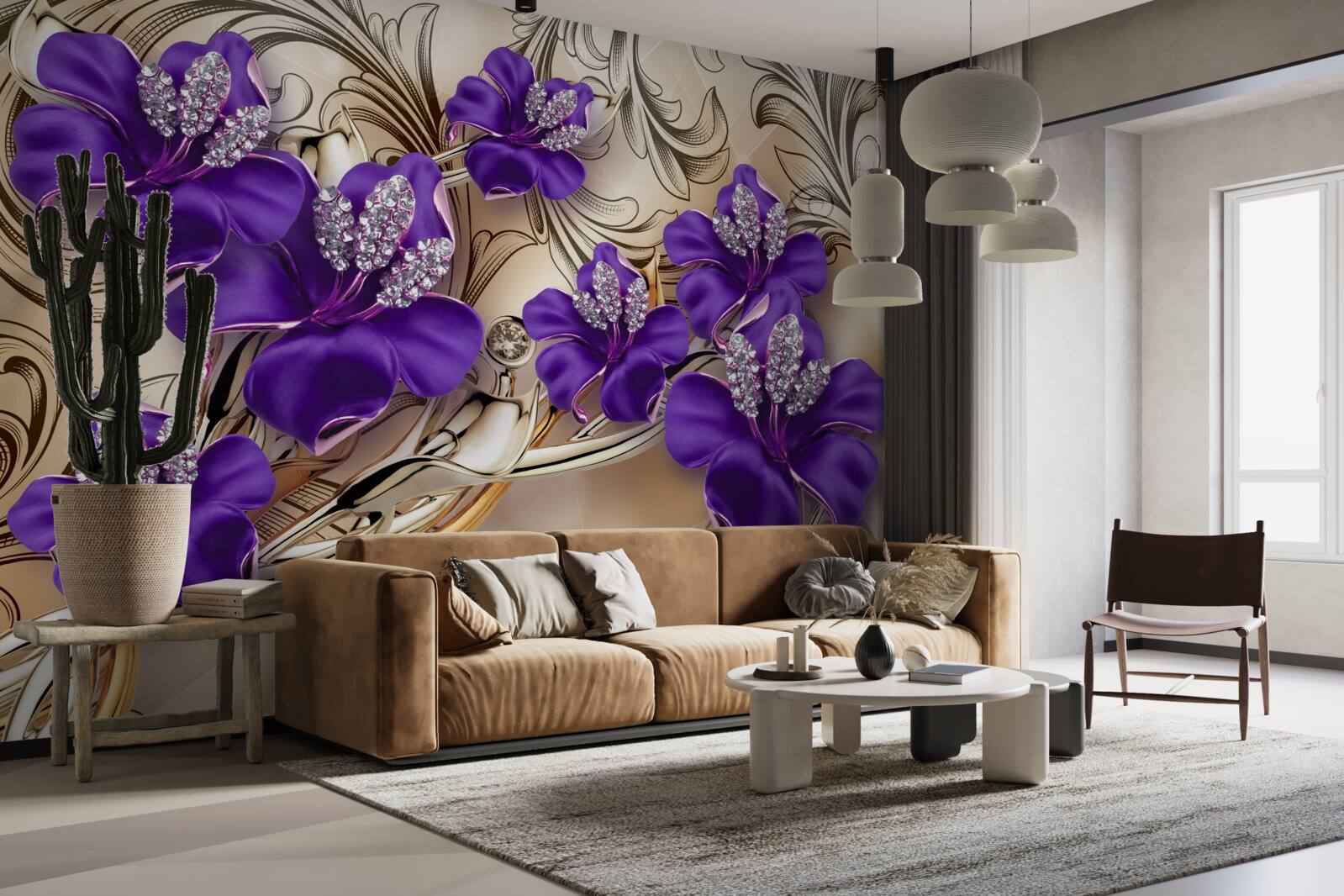 Fotobehang edelstenen en metalen versierd met paarse bloemen