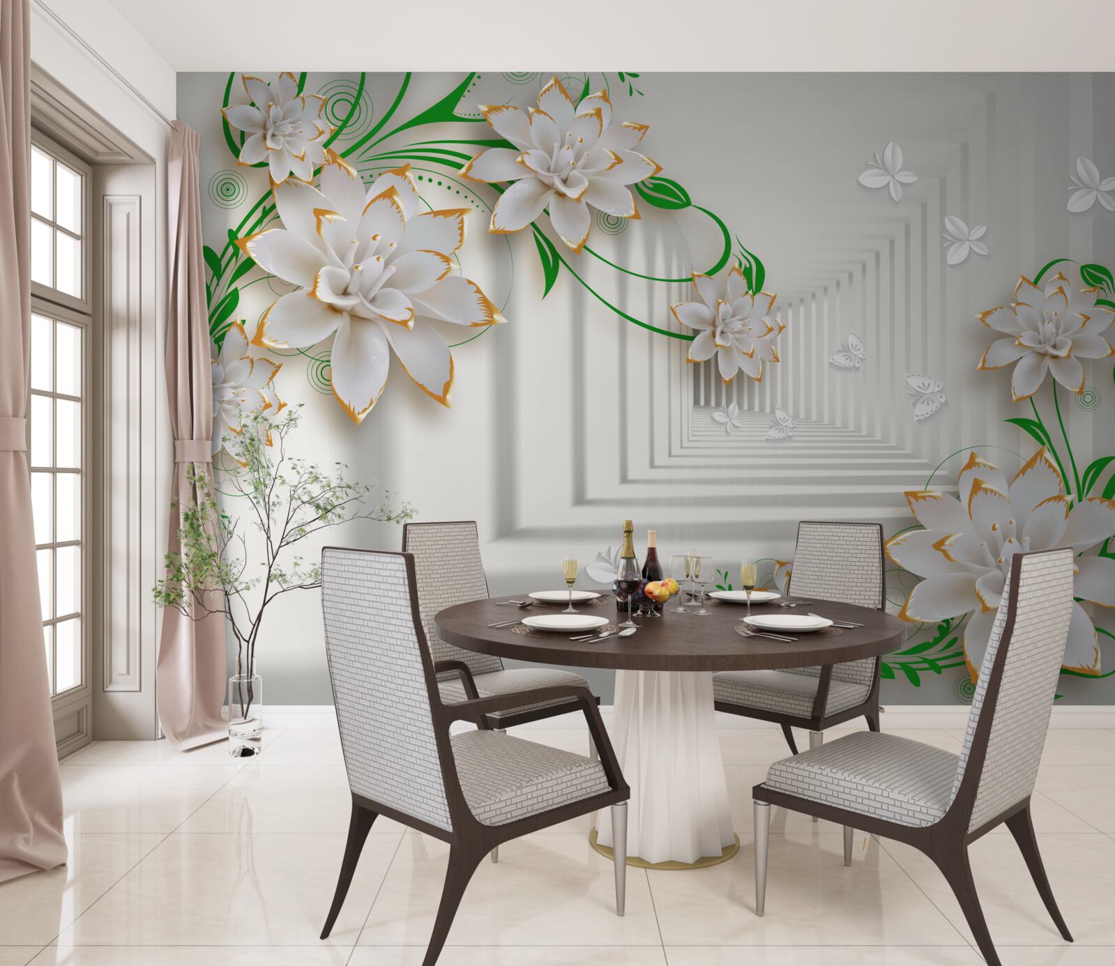 Fotobehang abstracte tunnel versierd met groene bladeren en witte lotus