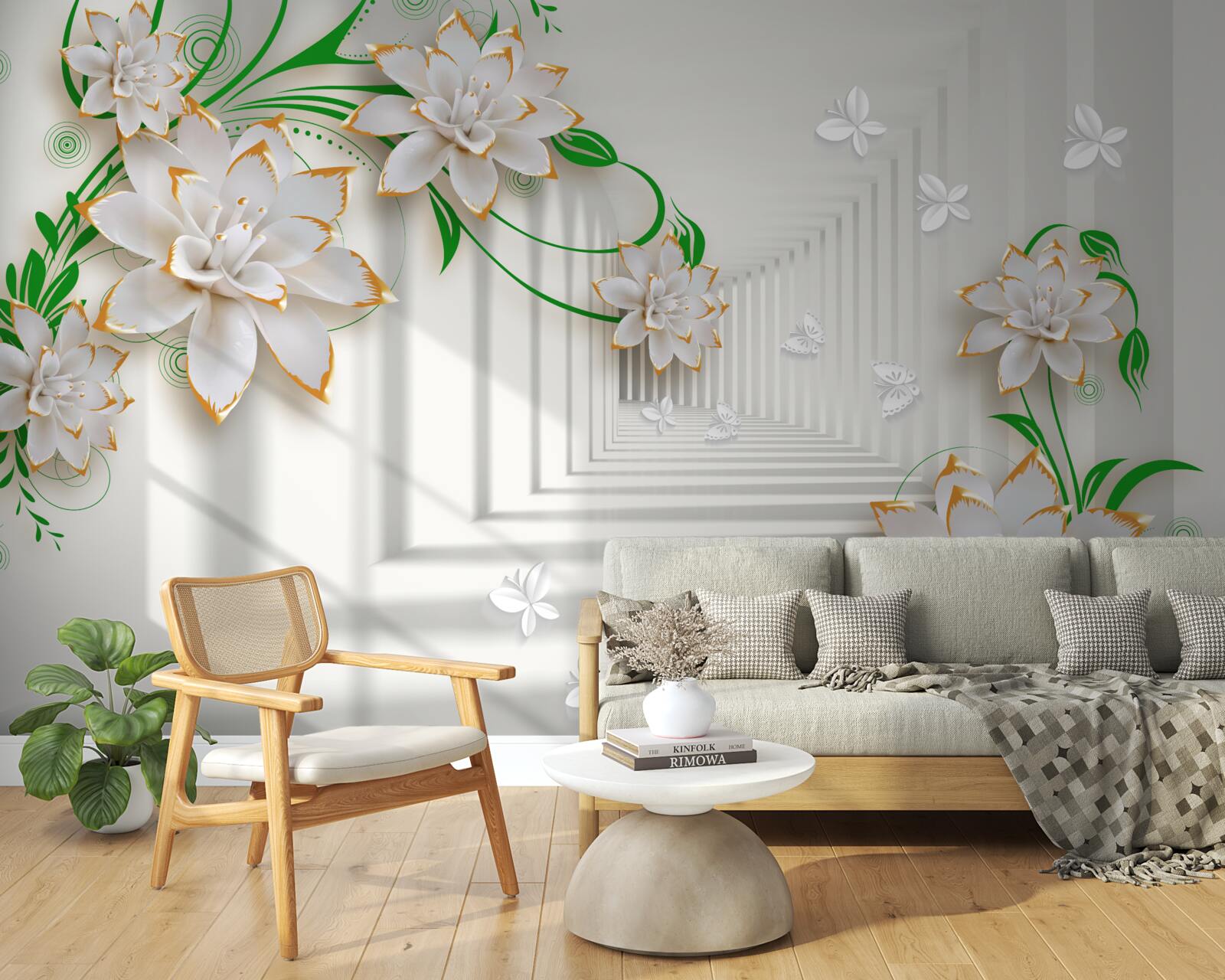 Fotobehang abstracte tunnel versierd met groene bladeren en witte lotus