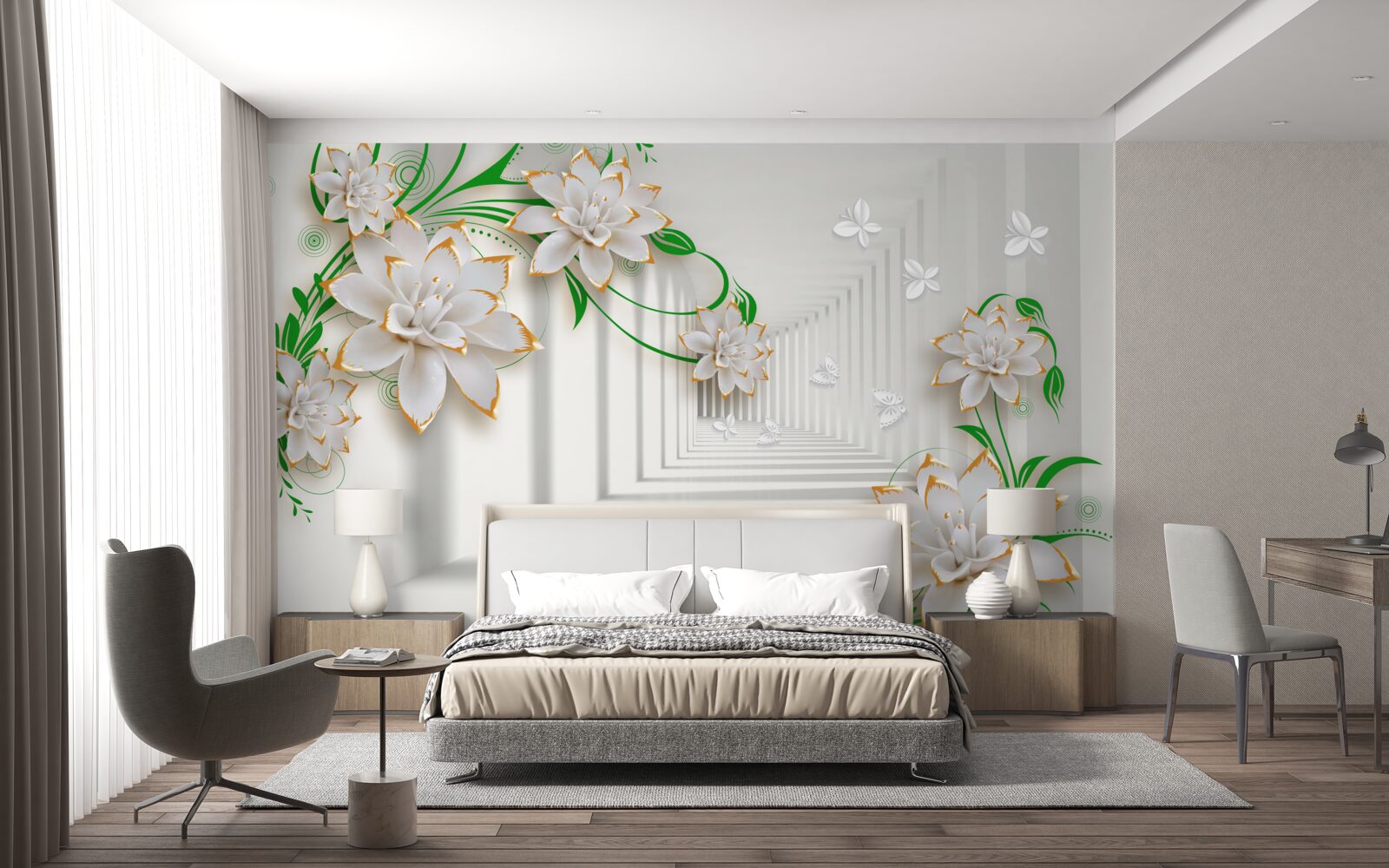 Fotobehang abstracte tunnel versierd met groene bladeren en witte lotus