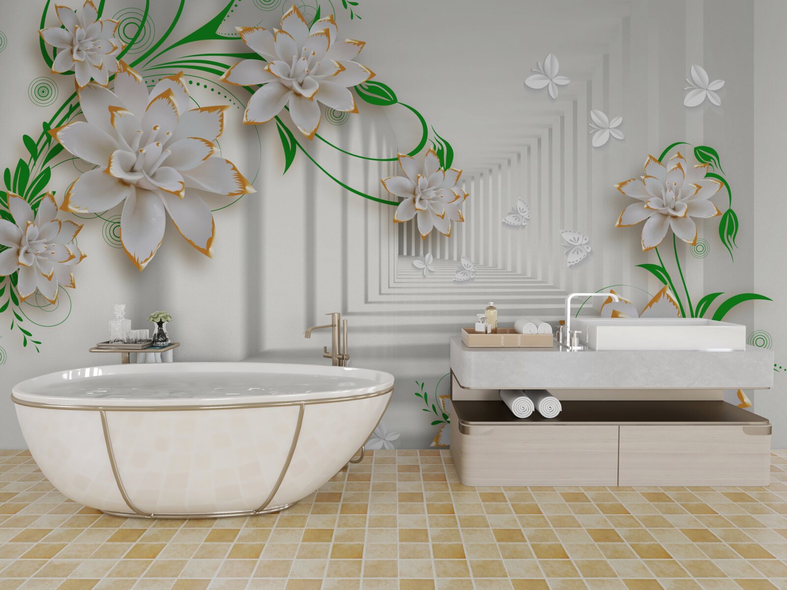 Fotobehang abstracte tunnel versierd met groene bladeren en witte lotus