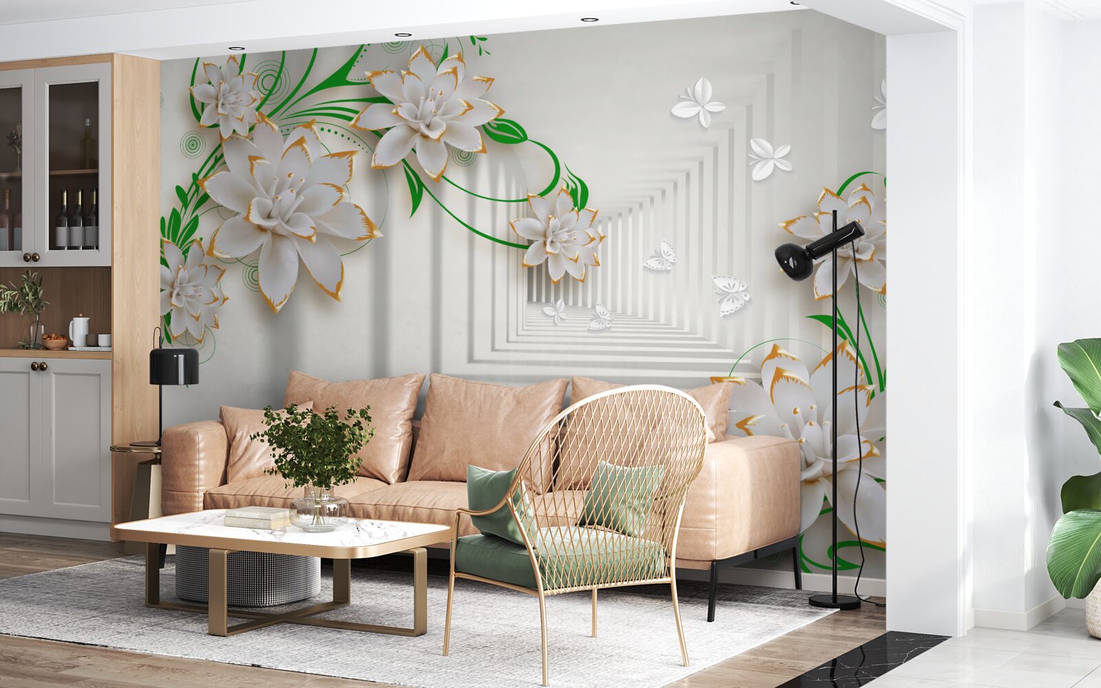 Fotobehang abstracte tunnel versierd met groene bladeren en witte lotus