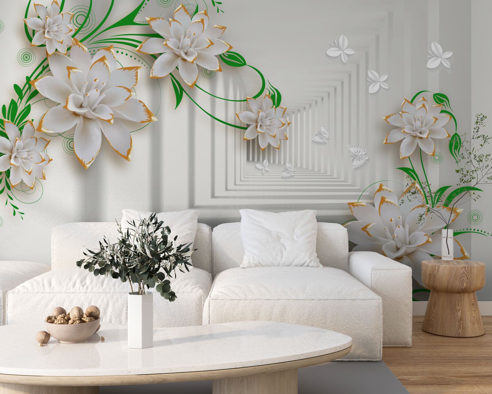 Fotobehang abstracte tunnel versierd met groene bladeren en witte lotus