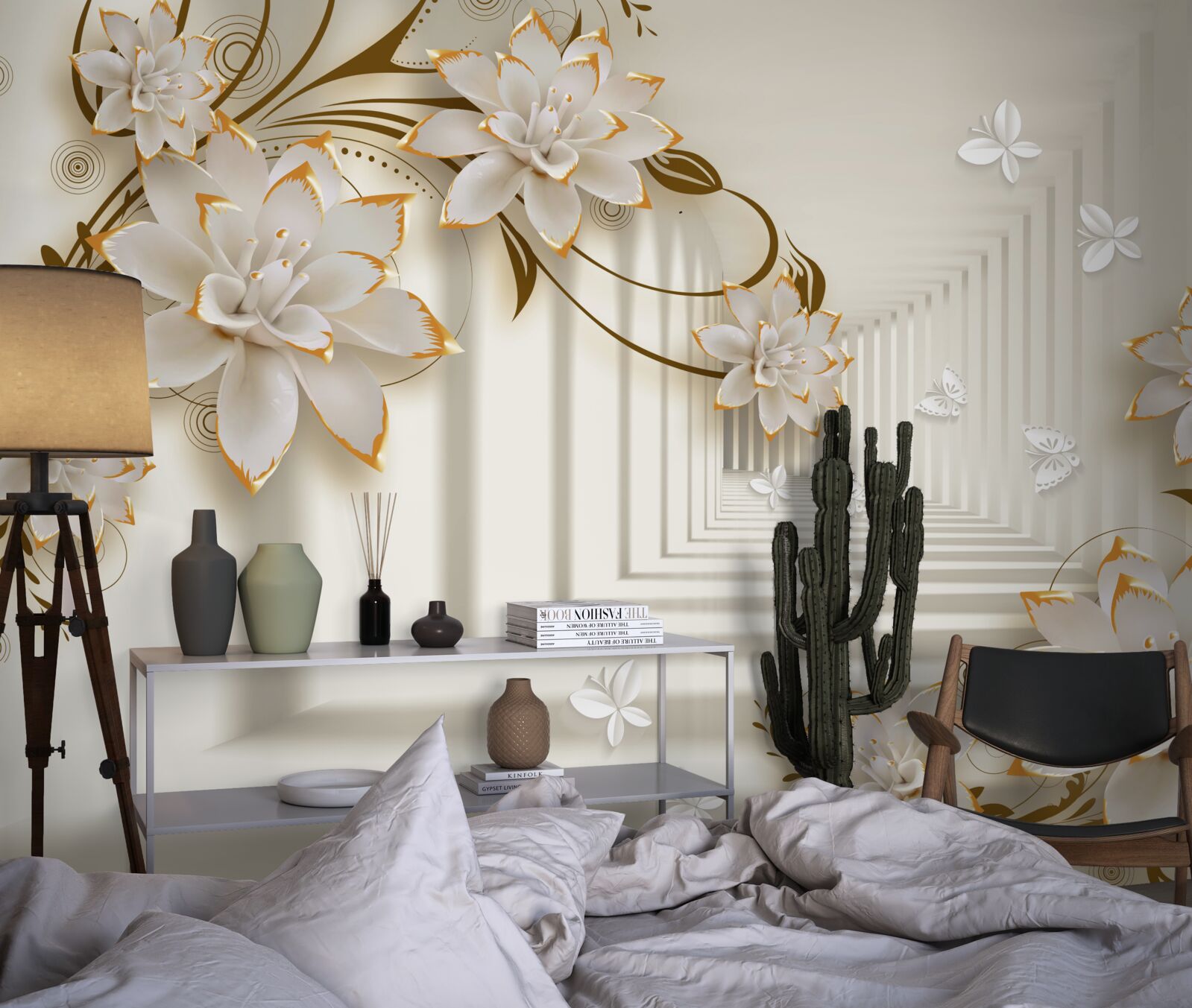 Fotobehang zuilengalerij in sneeuwwit en bloesemtakken blootgesteld in al hun glorie