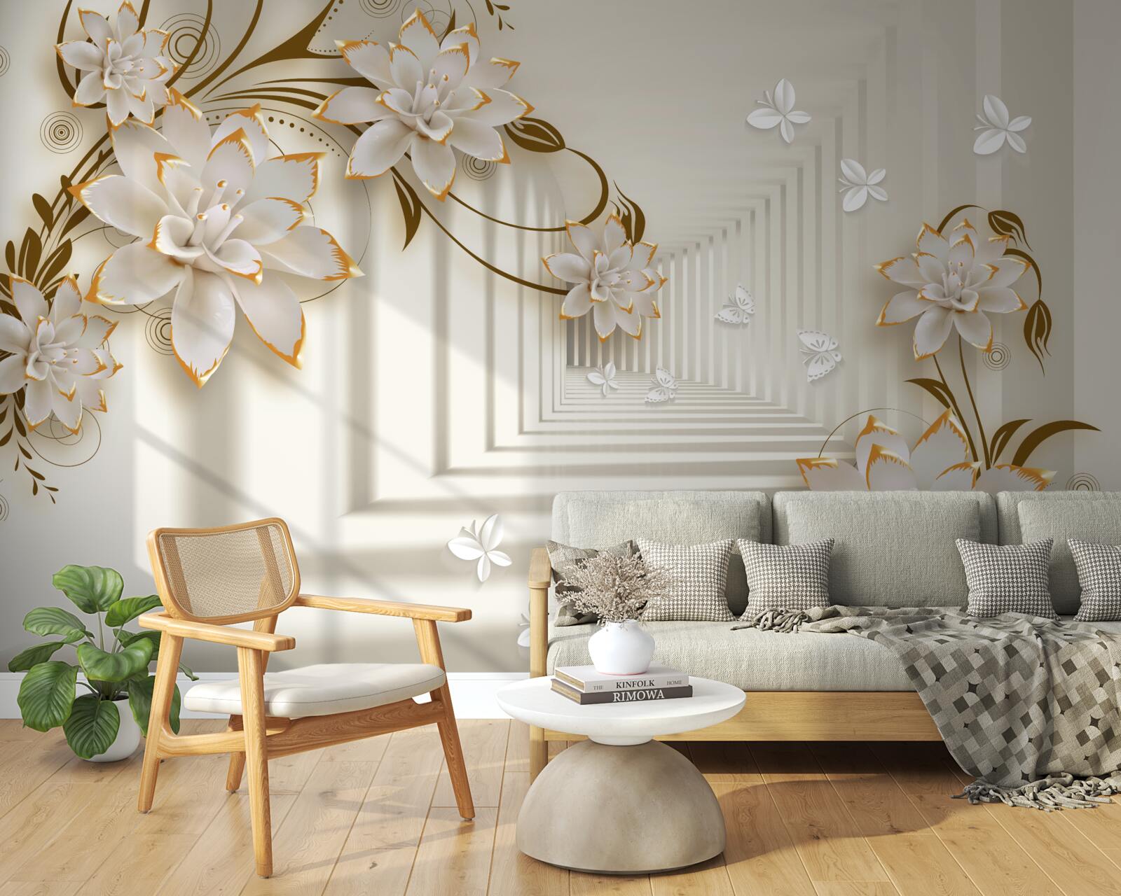 Fotobehang zuilengalerij in sneeuwwit en bloesemtakken blootgesteld in al hun glorie