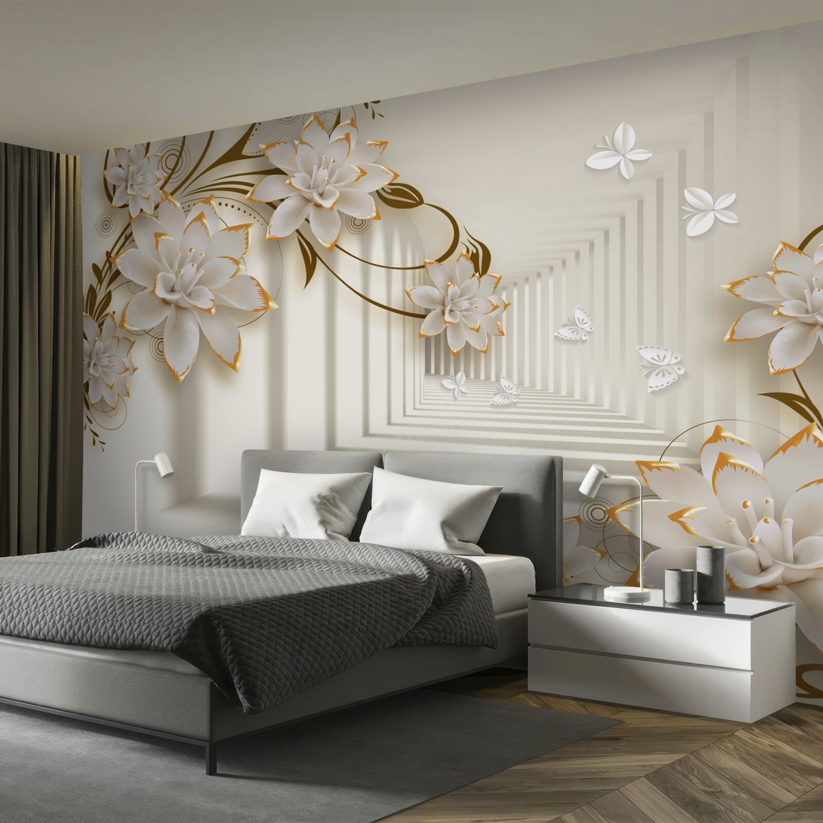 Fotobehang zuilengalerij in sneeuwwit en bloesemtakken blootgesteld in al hun glorie