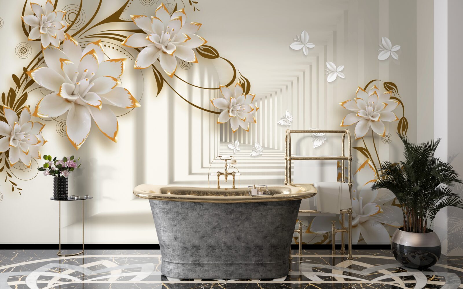 Fotobehang zuilengalerij in sneeuwwit en bloesemtakken blootgesteld in al hun glorie