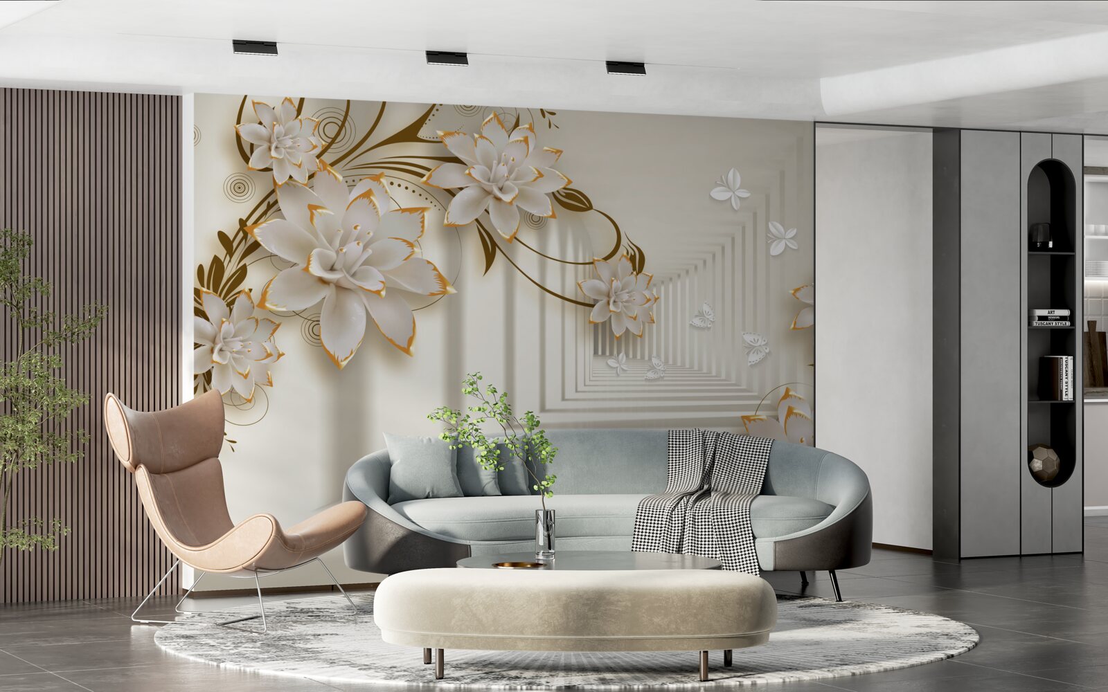 Fotobehang zuilengalerij in sneeuwwit en bloesemtakken blootgesteld in al hun glorie