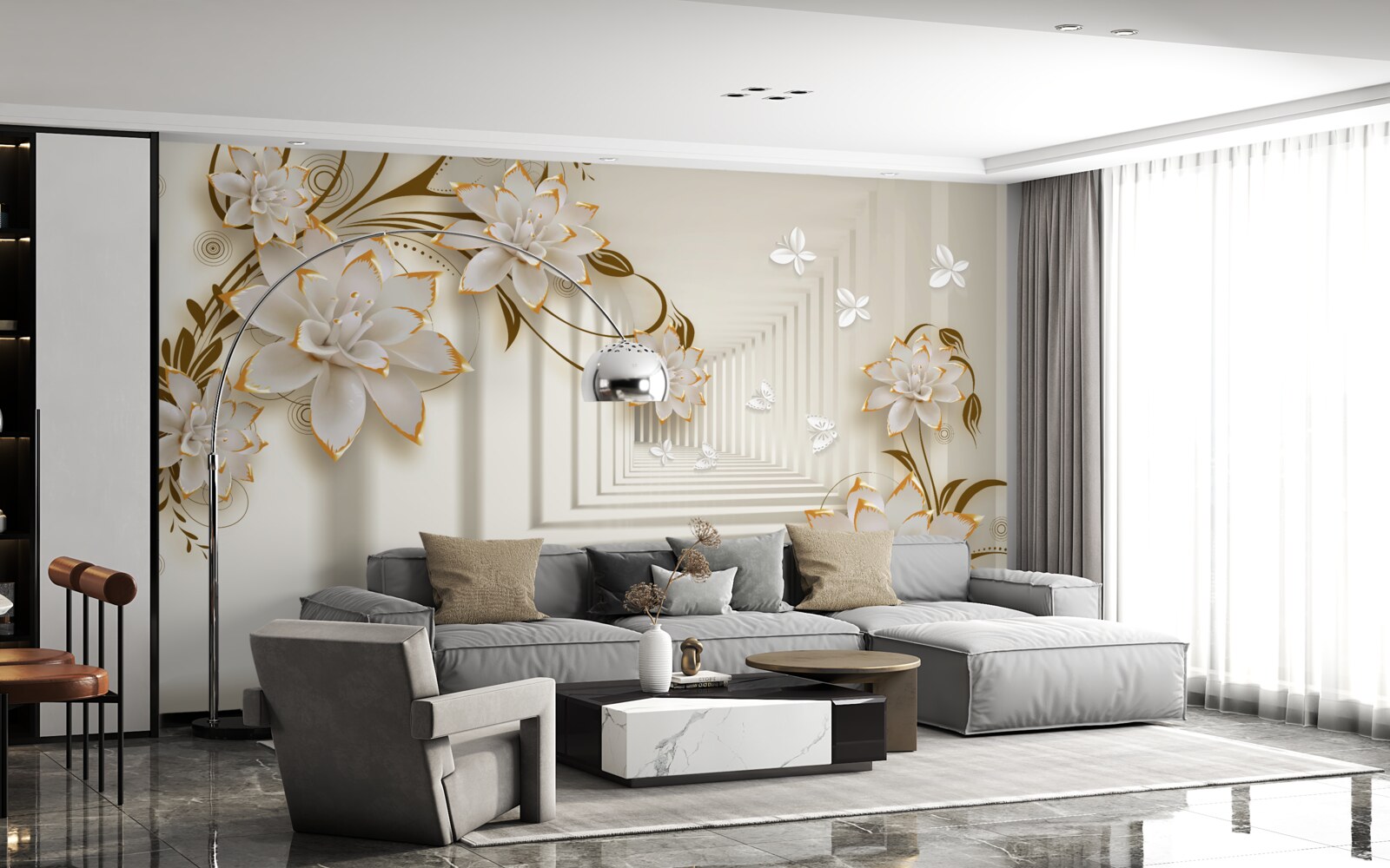 Fotobehang zuilengalerij in sneeuwwit en bloesemtakken blootgesteld in al hun glorie