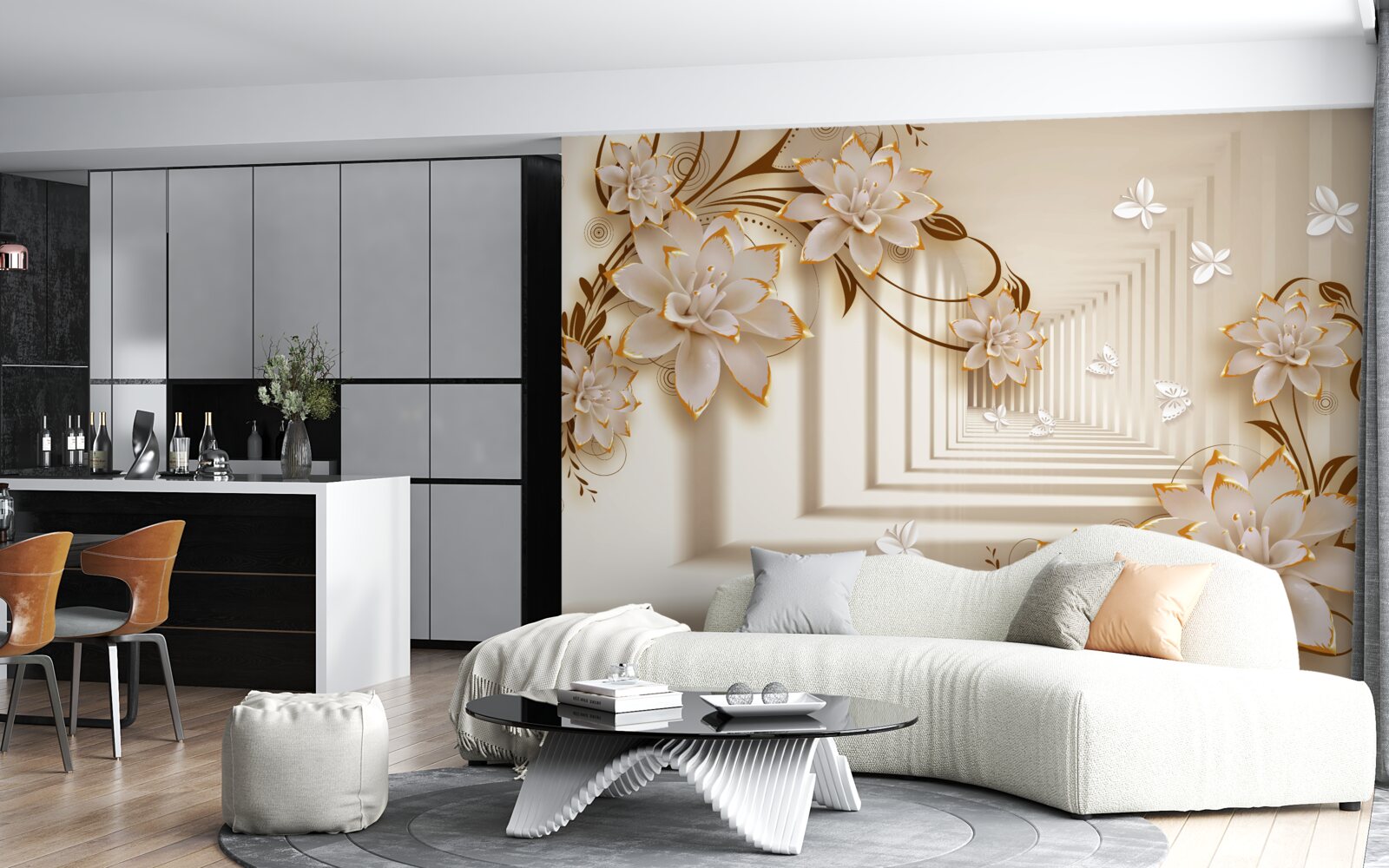 Fotobehang Zuilen en bloemen creëren een onwerkelijke tunnel