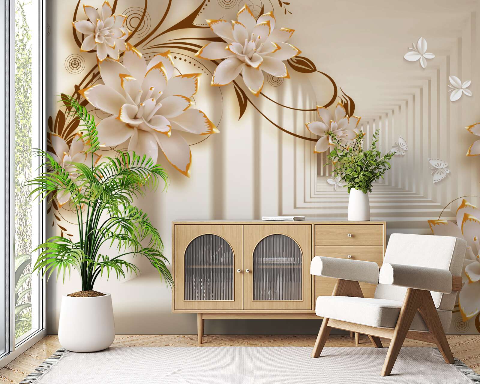 Fotobehang Zuilen en bloemen creëren een onwerkelijke tunnel