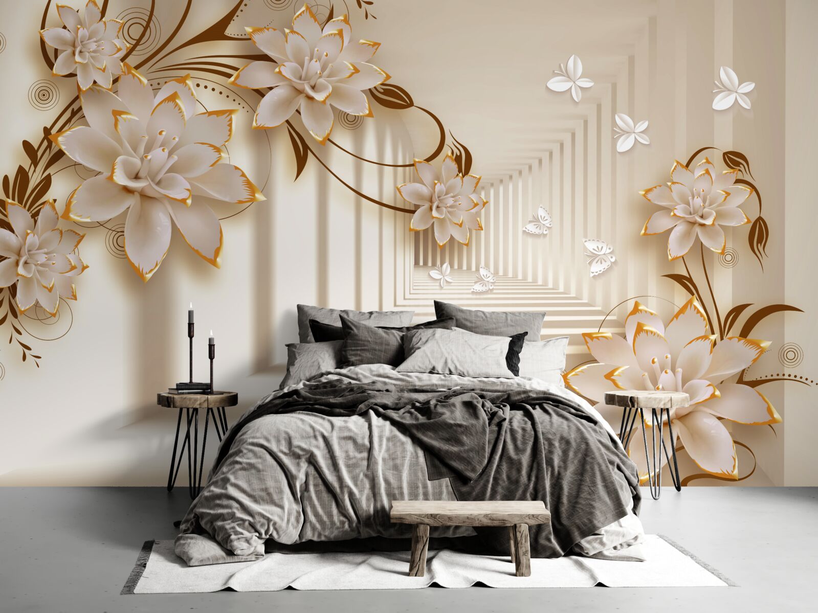 Fotobehang Zuilen en bloemen creëren een onwerkelijke tunnel