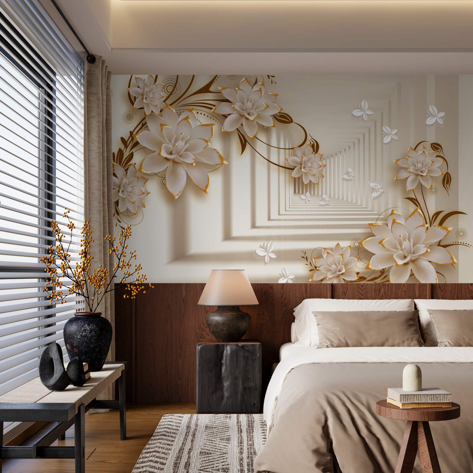 Fotobehang Zuilen en bloemen creëren een onwerkelijke tunnel