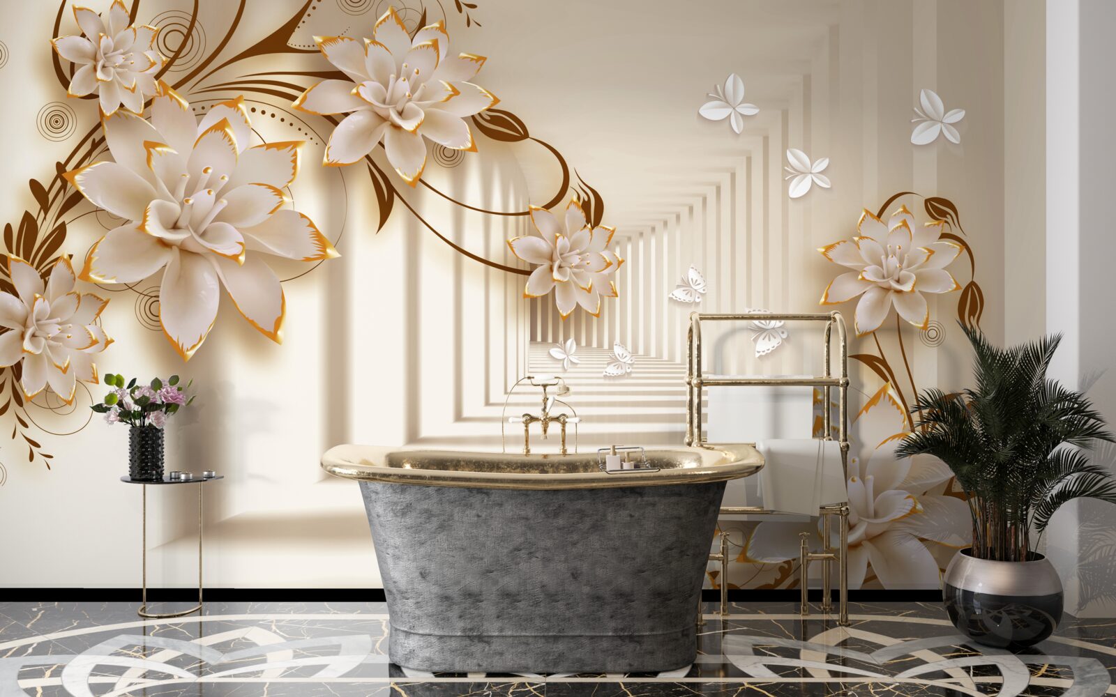 Fotobehang Zuilen en bloemen creëren een onwerkelijke tunnel