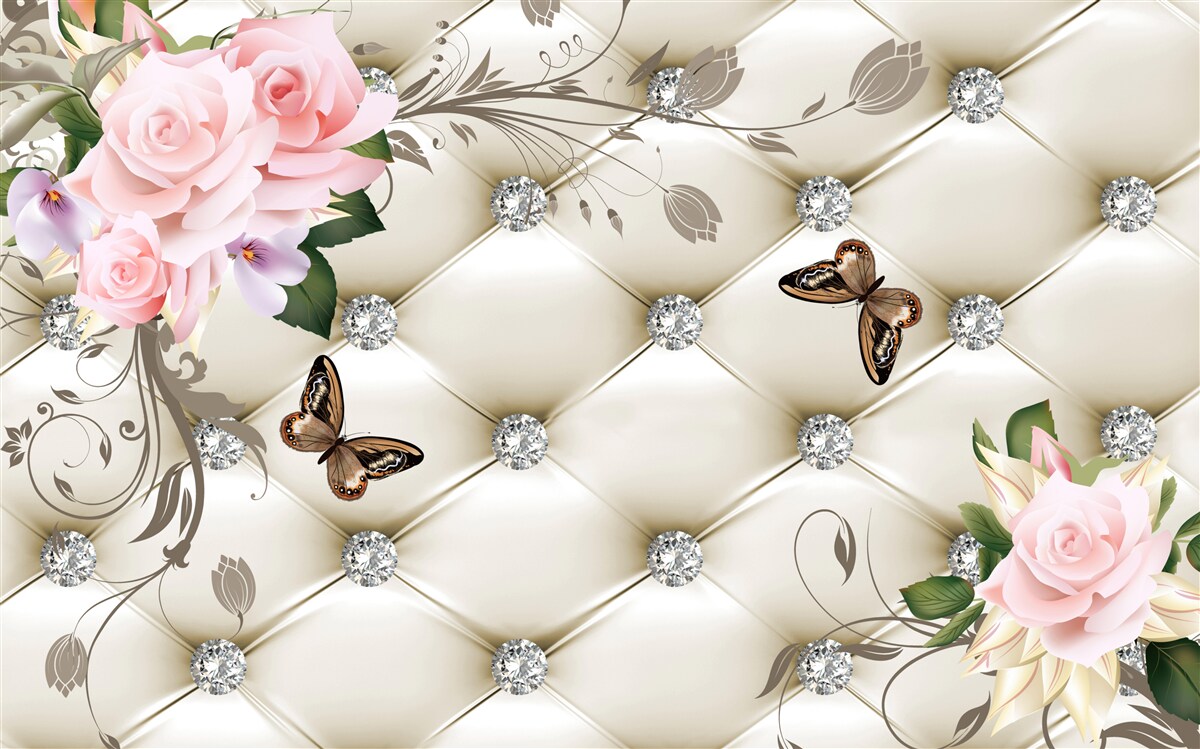 Fotobehang stoffen decoratie over rozen in roze tinten met vlinders die erboven zweven