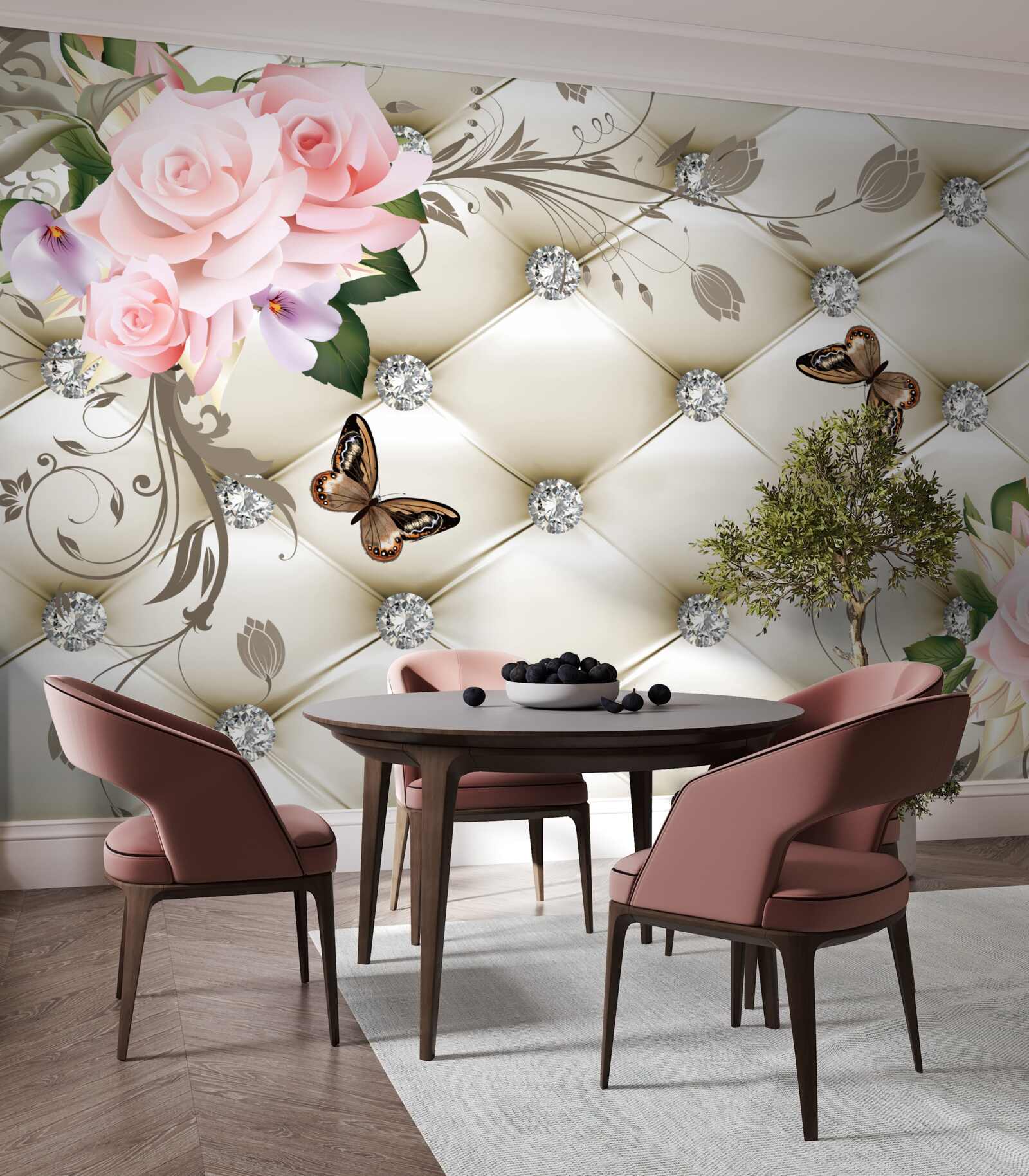 Fotobehang stoffen decoratie over rozen in roze tinten met vlinders die erboven zweven