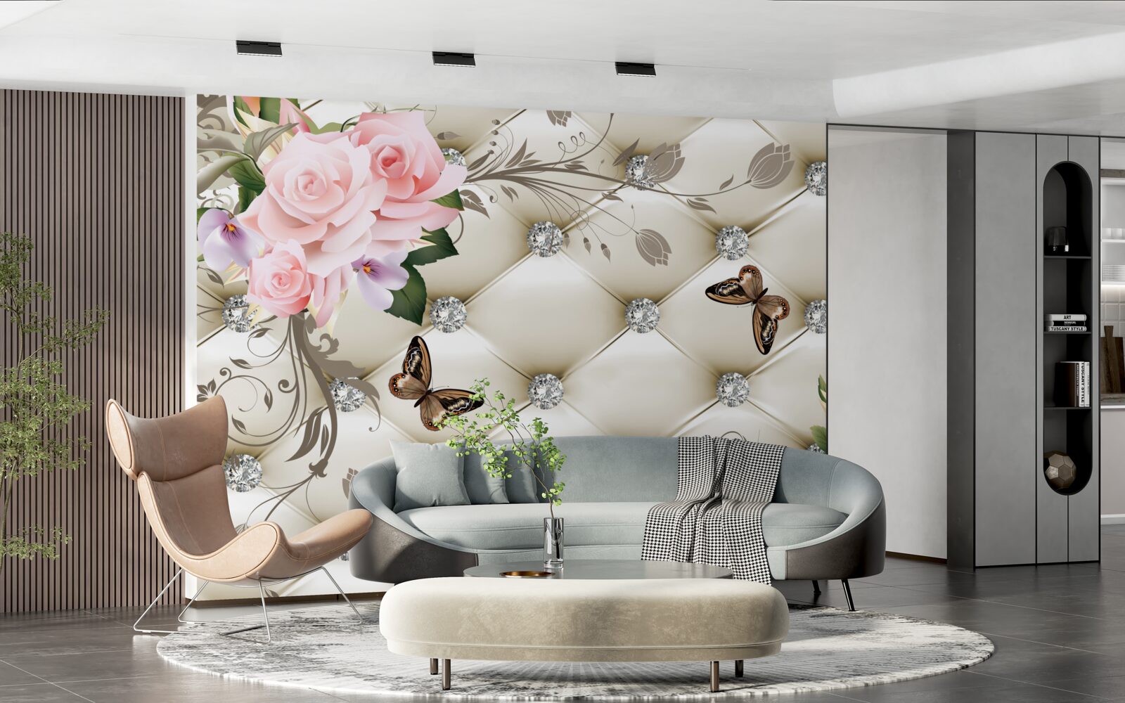 Fotobehang stoffen decoratie over rozen in roze tinten met vlinders die erboven zweven