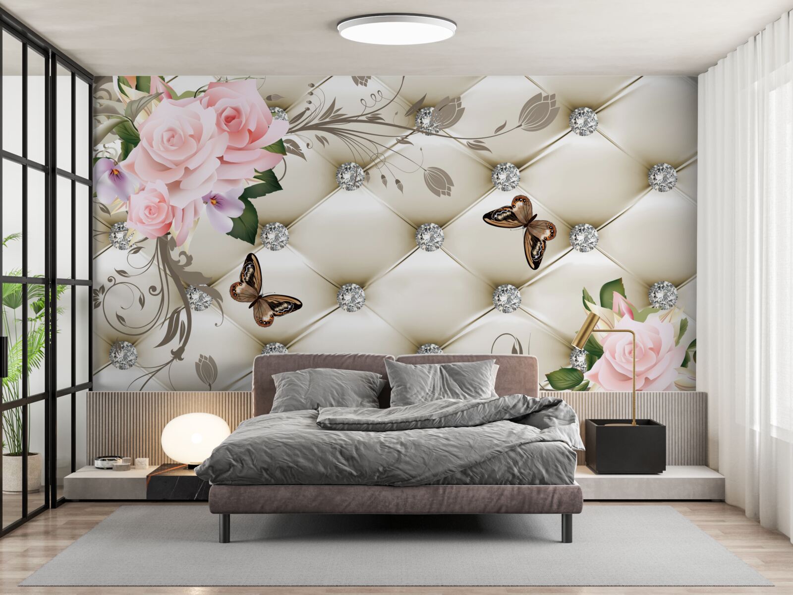 Fotobehang stoffen decoratie over rozen in roze tinten met vlinders die erboven zweven