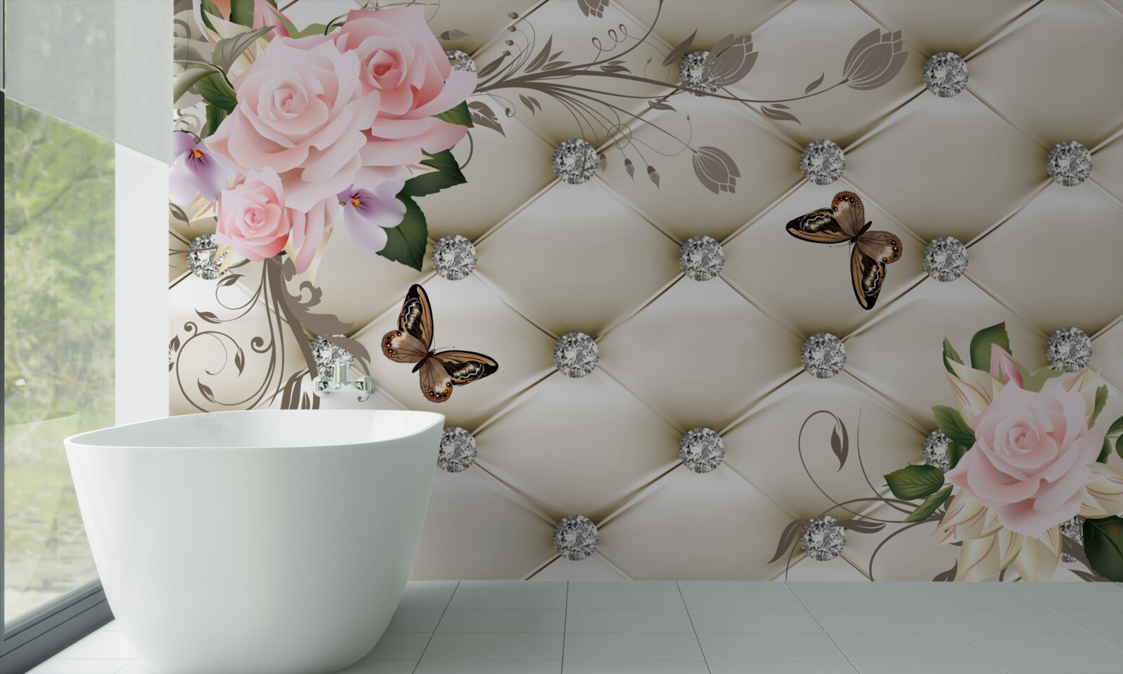 Fotobehang stoffen decoratie over rozen in roze tinten met vlinders die erboven zweven