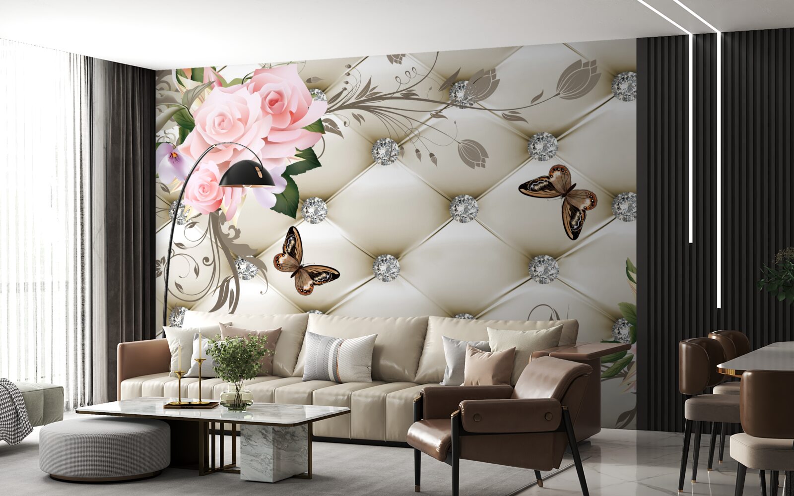 Fotobehang stoffen decoratie over rozen in roze tinten met vlinders die erboven zweven