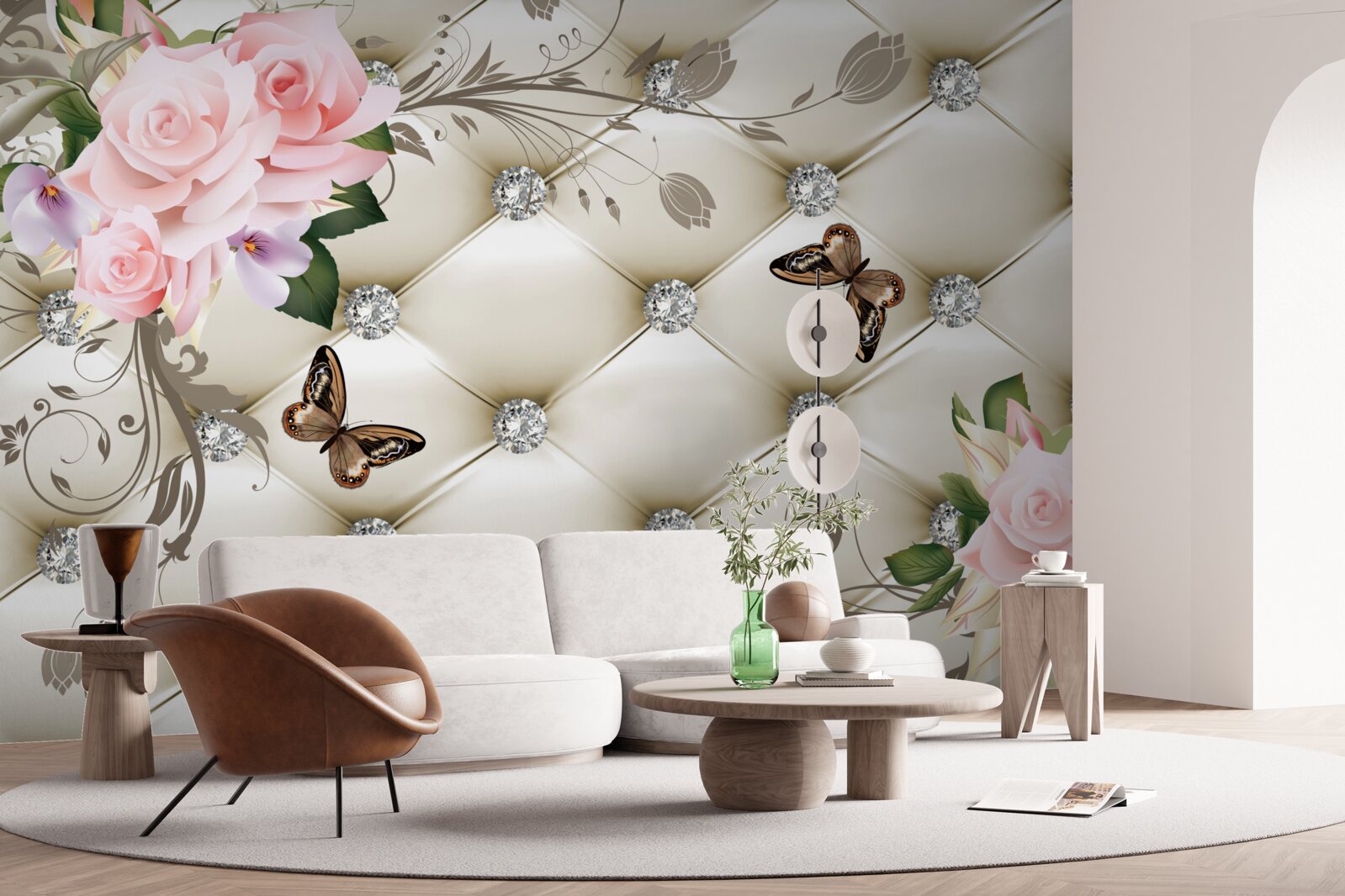 Fotobehang stoffen decoratie over rozen in roze tinten met vlinders die erboven zweven