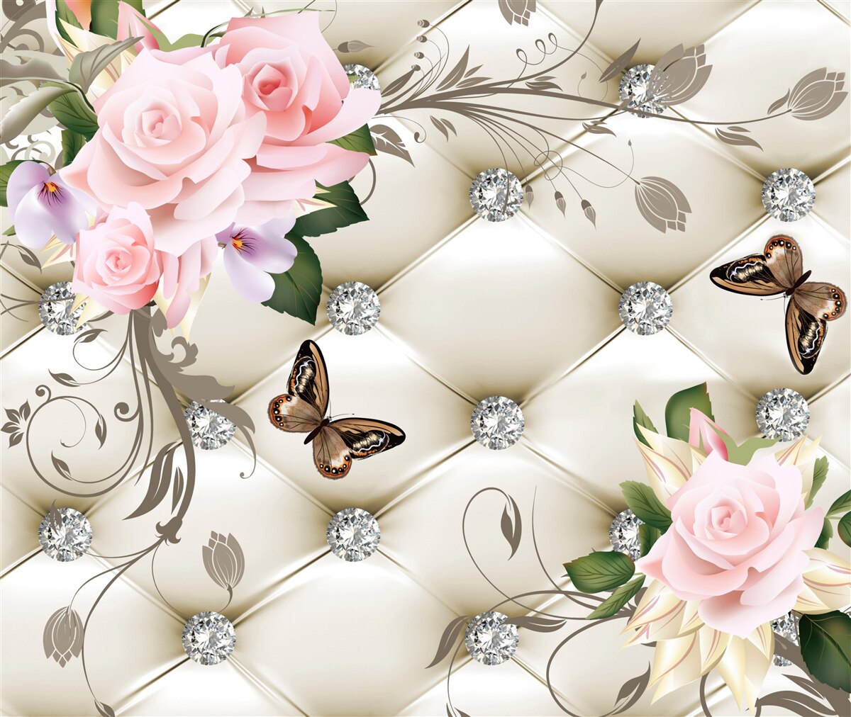 Fotobehang bloementextuur op witte stof versierd met parels