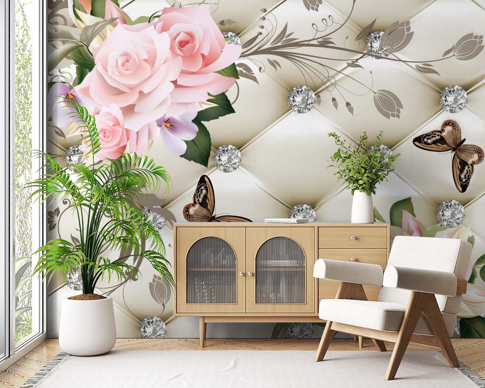 Fotobehang bloementextuur op witte stof versierd met parels