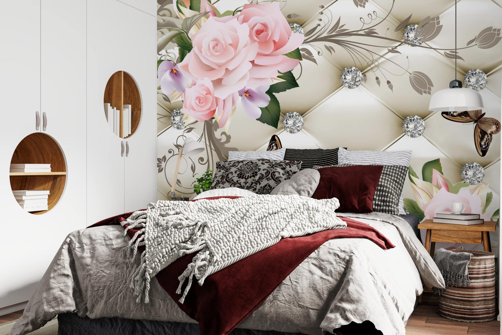 Fotobehang bloementextuur op witte stof versierd met parels