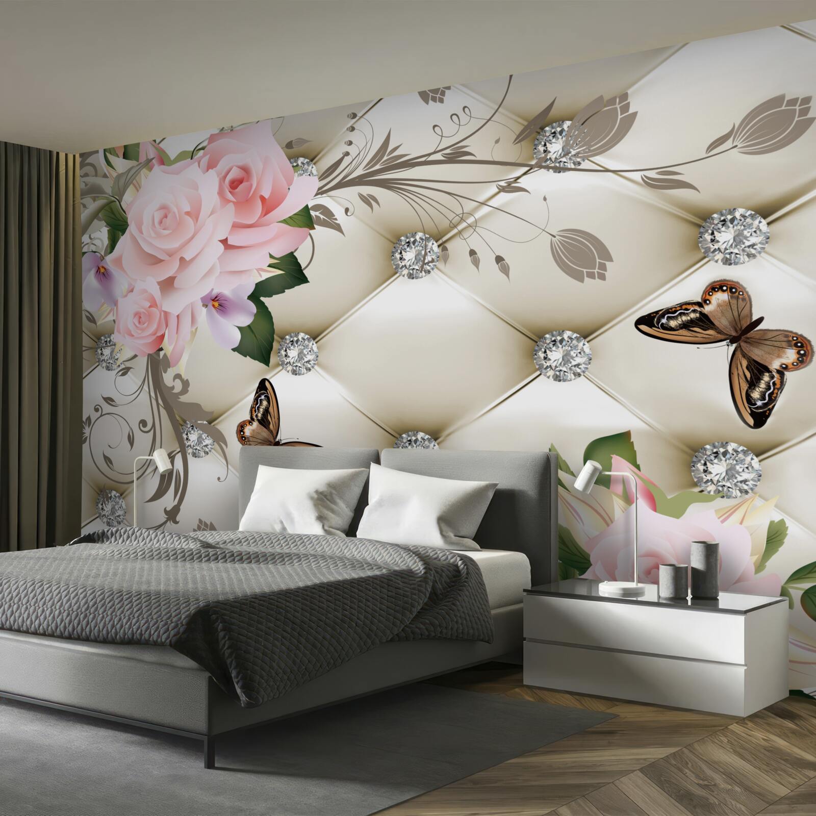 Fotobehang bloementextuur op witte stof versierd met parels