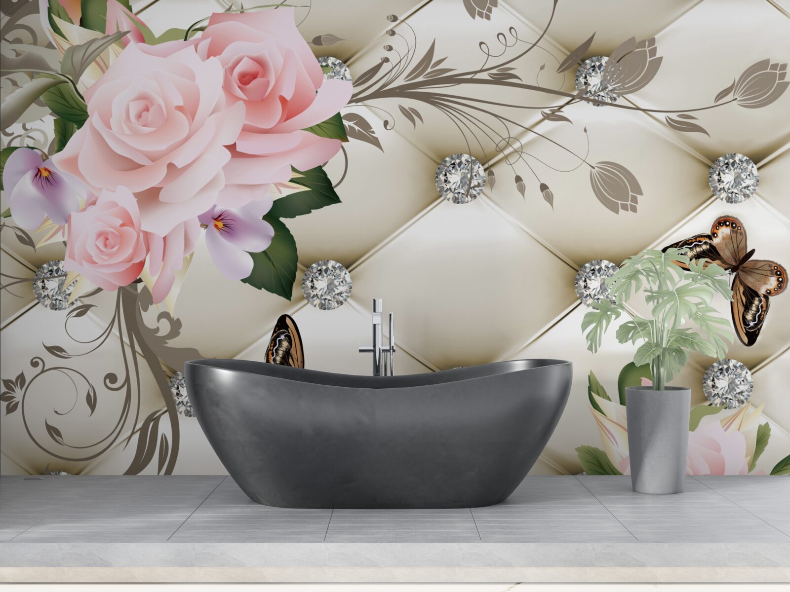 Fotobehang bloementextuur op witte stof versierd met parels