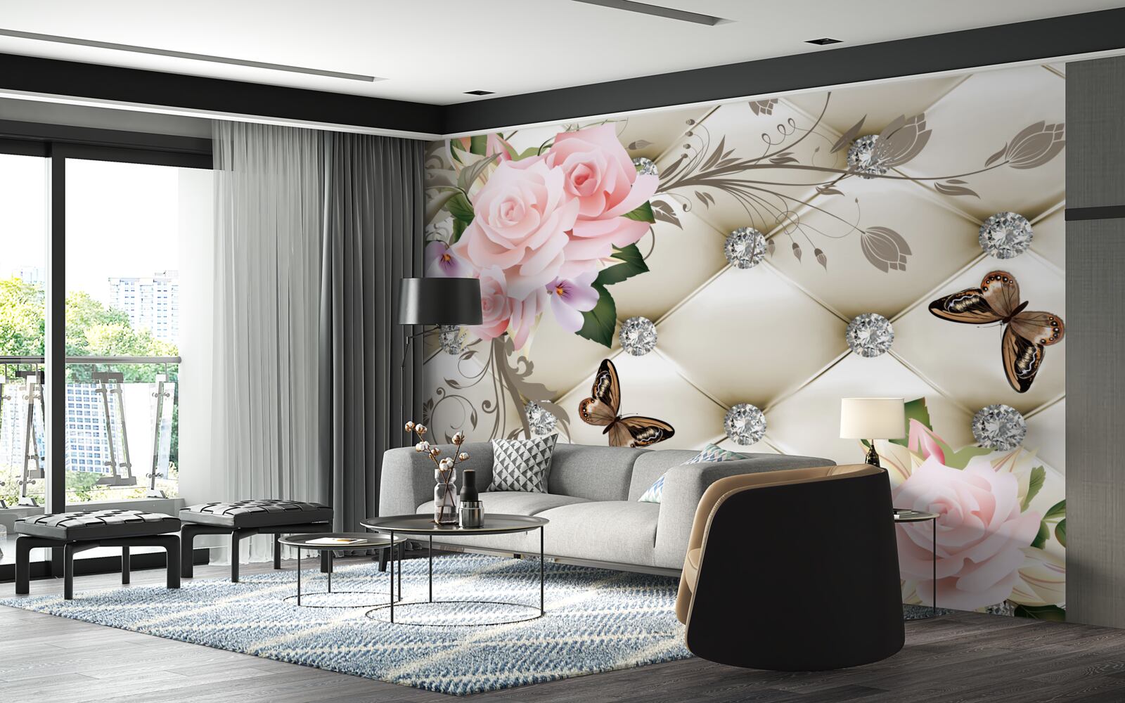 Fotobehang bloementextuur op witte stof versierd met parels