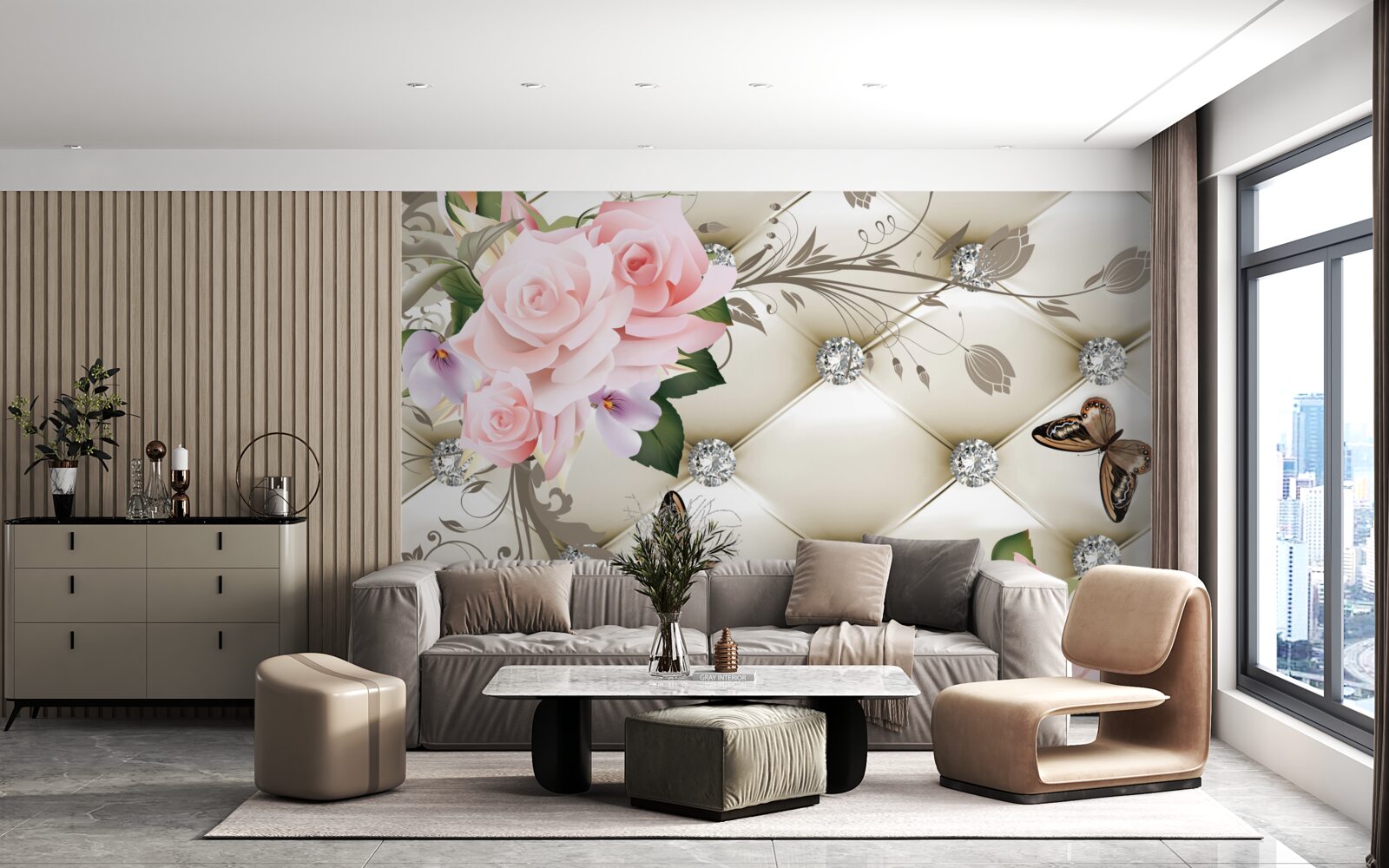 Fotobehang bloementextuur op witte stof versierd met parels