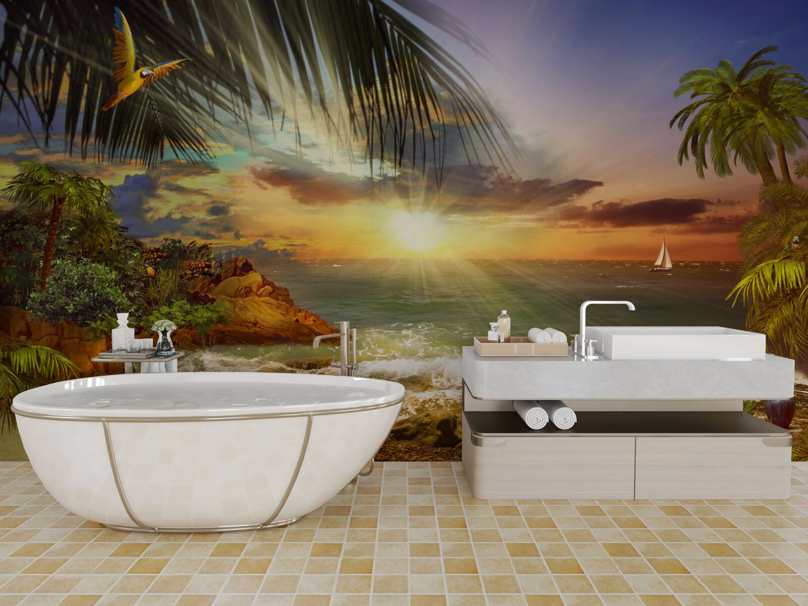 Fotobehang zonsondergang, die kan worden waargenomen vanaf de kust van een onbewoond eiland