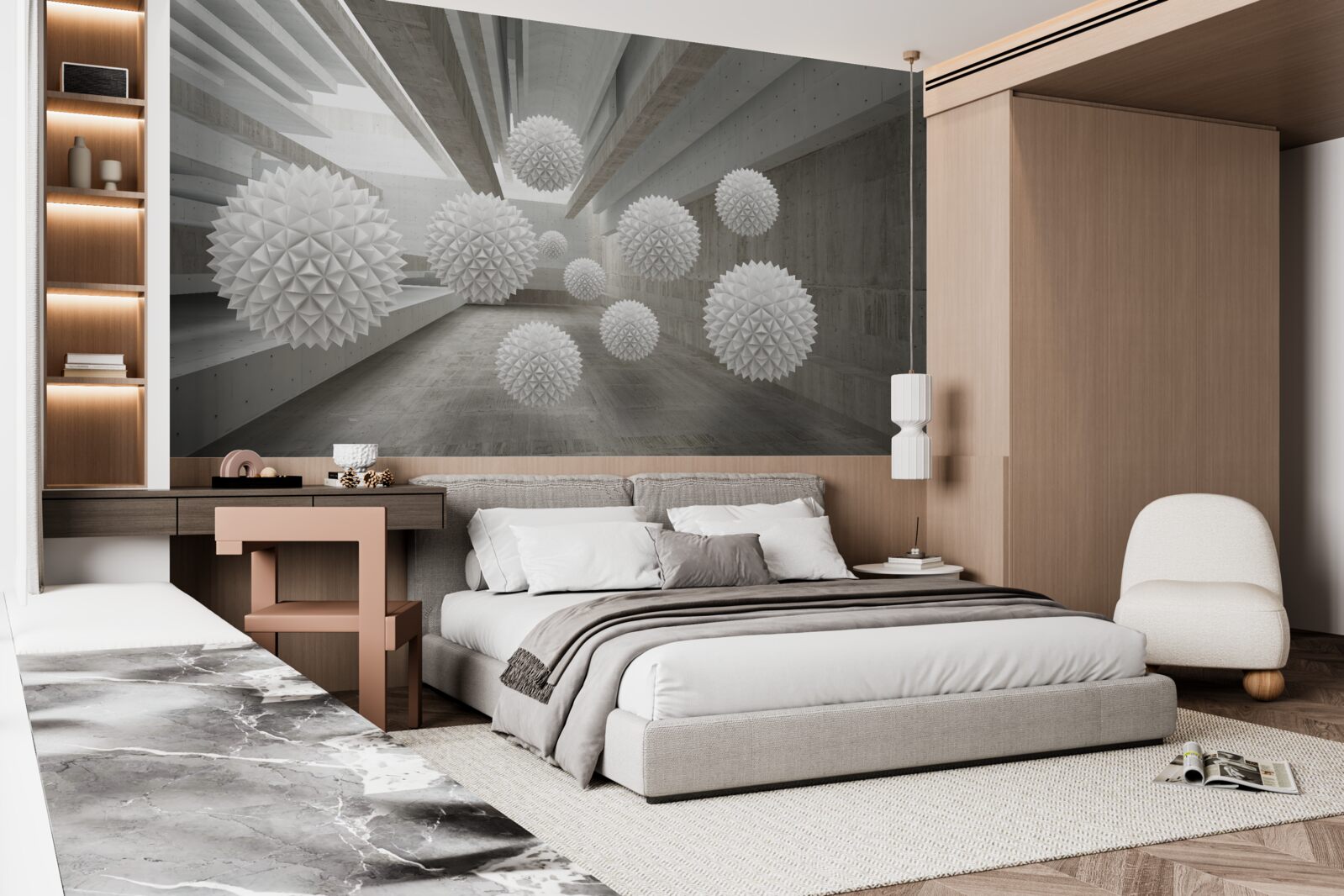 Fotobehang oneindigheid roept de ballonnen in zijn armen