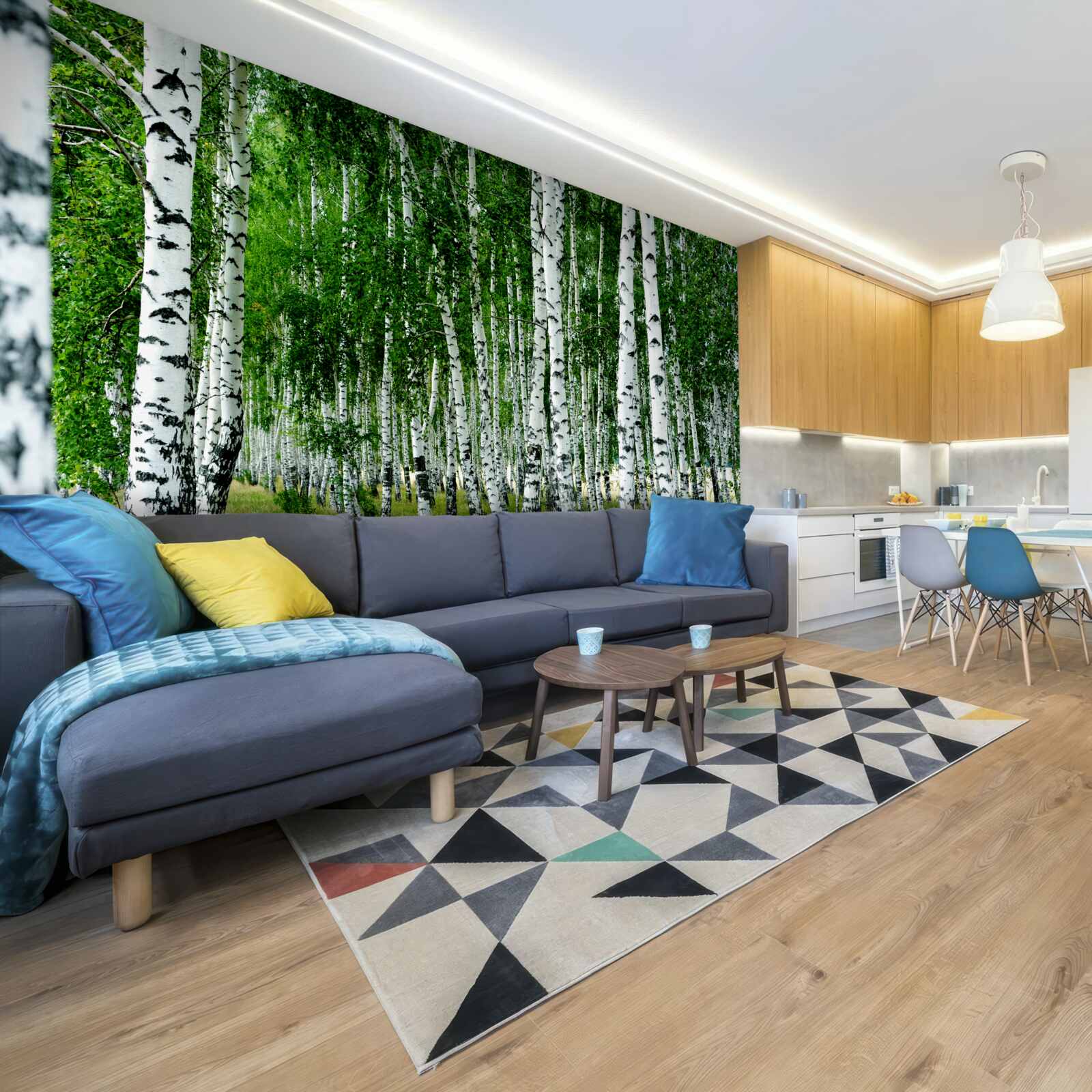 Fotobehang groene berken met sierlijke stammen in een open veld