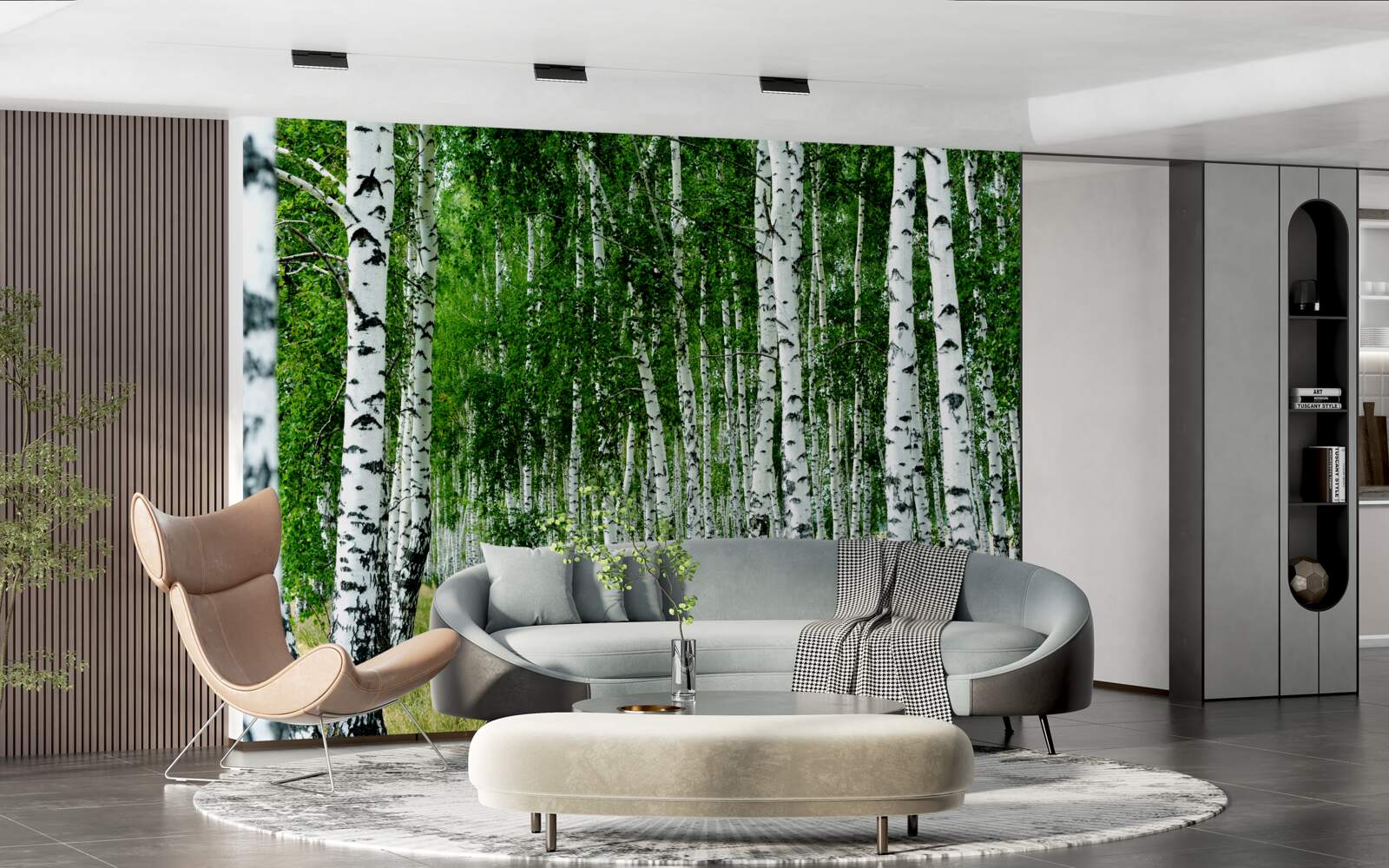 Fotobehang groene berken met sierlijke stammen in een open veld