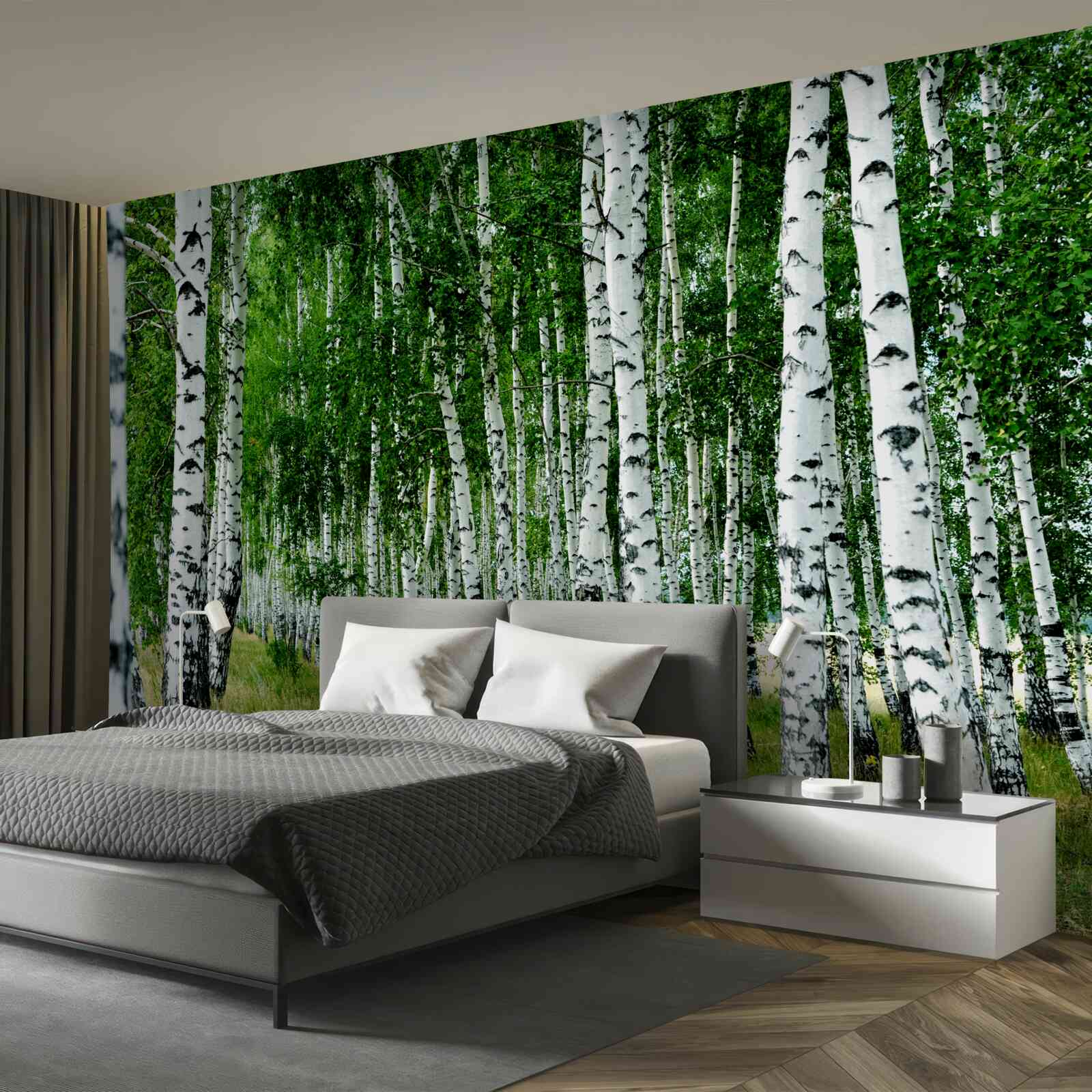 Fotobehang groene berken met sierlijke stammen in een open veld