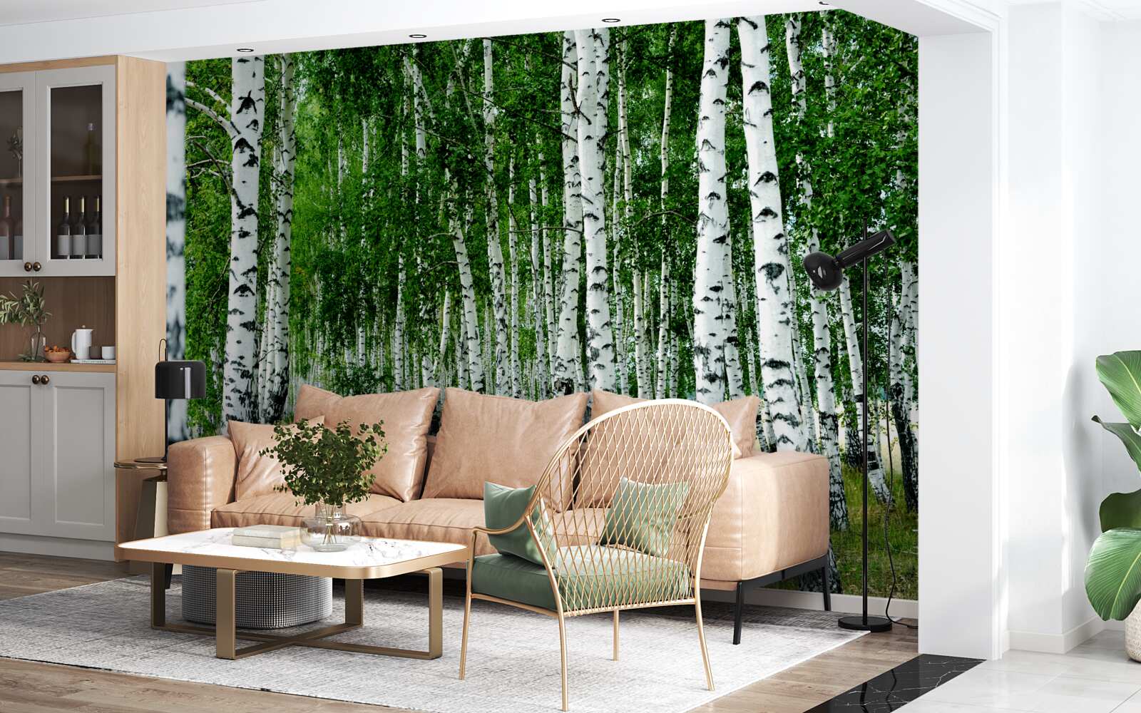 Fotobehang groene berken met sierlijke stammen in een open veld