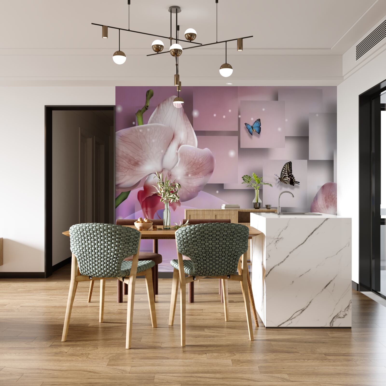 Fotobehang felgekleurde vlinders en orchideeën