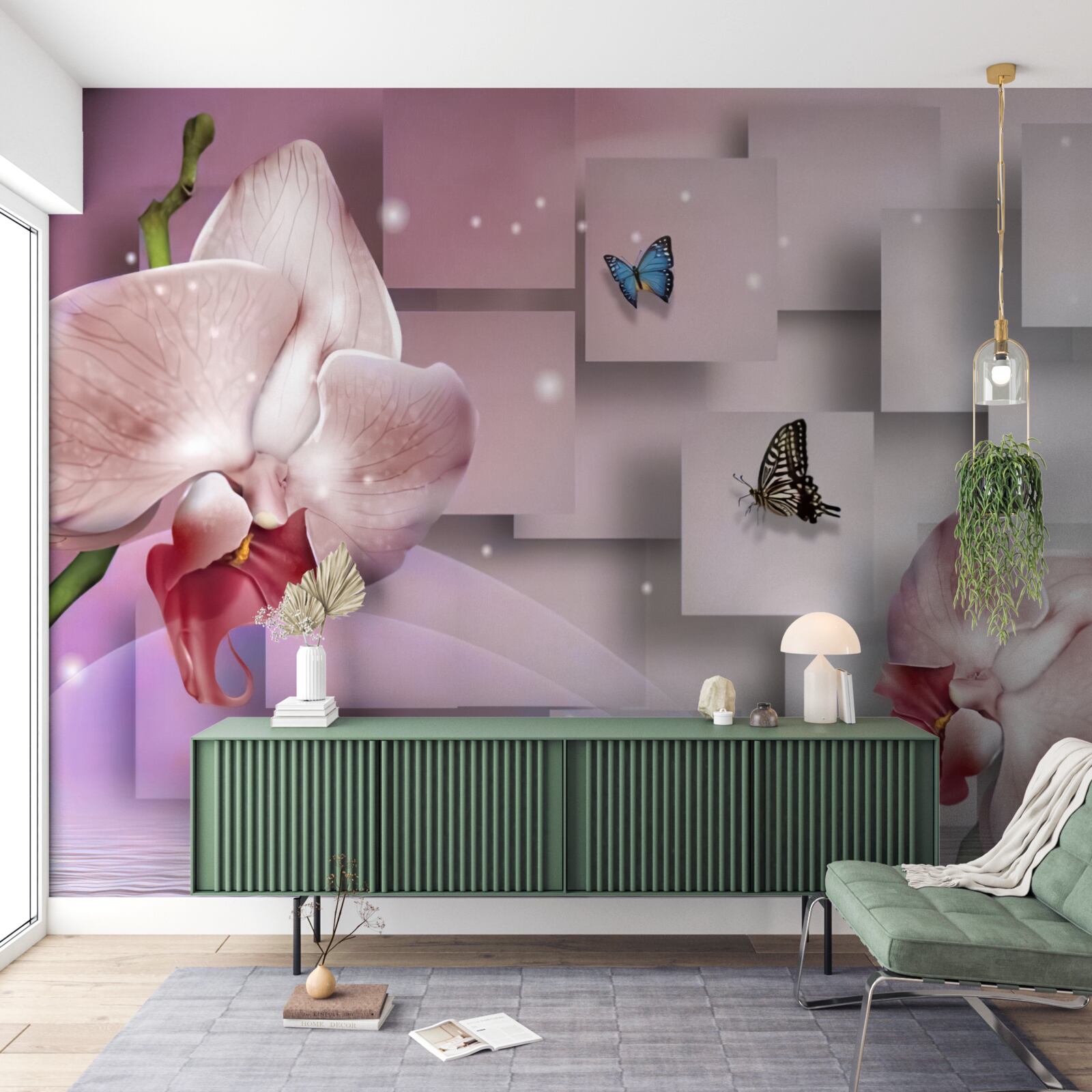 Fotobehang felgekleurde vlinders en orchideeën