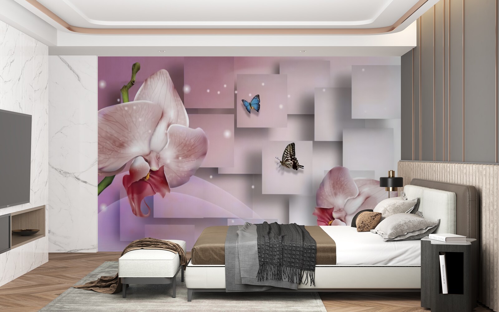 Fotobehang felgekleurde vlinders en orchideeën