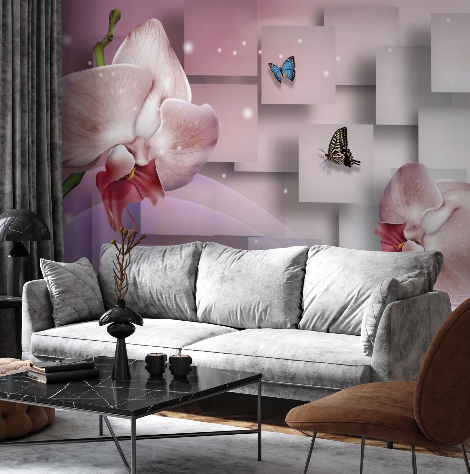 Fotobehang felgekleurde vlinders en orchideeën