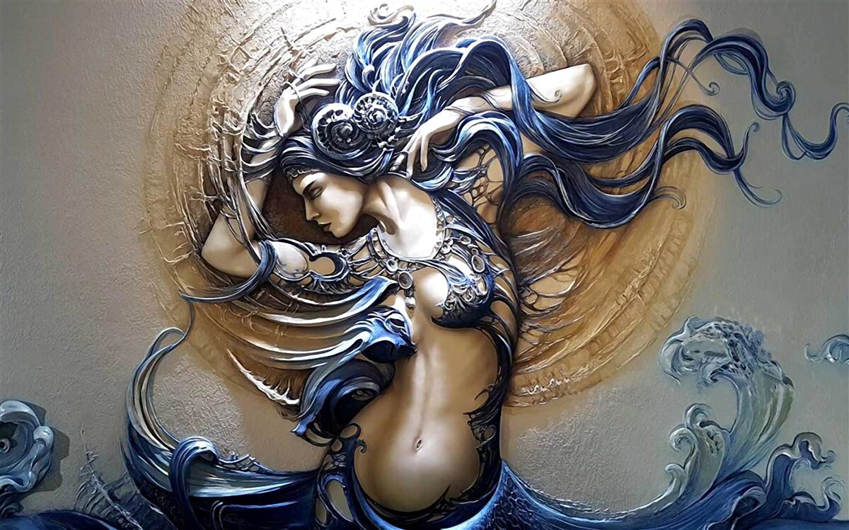 Fotobehang beeld van een meisje in felle kleuren met de zon op de achtergrond