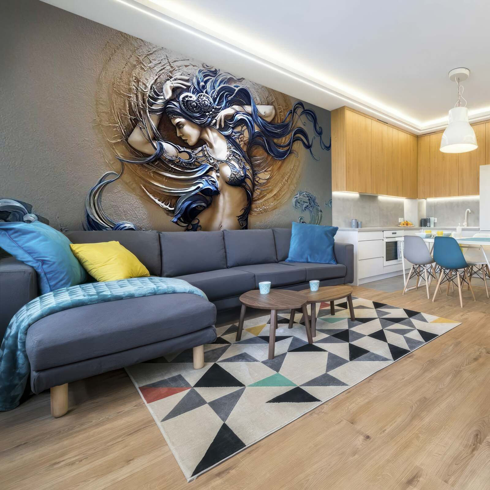 Fotobehang beeld van een meisje in felle kleuren met de zon op de achtergrond