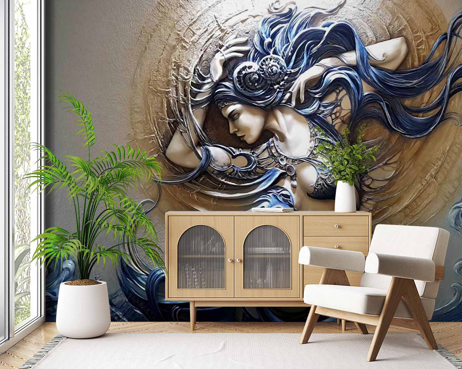 Fotobehang beeld van een meisje in felle kleuren met de zon op de achtergrond