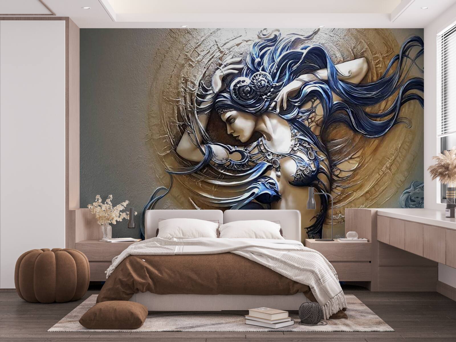 Fotobehang beeld van een meisje in felle kleuren met de zon op de achtergrond