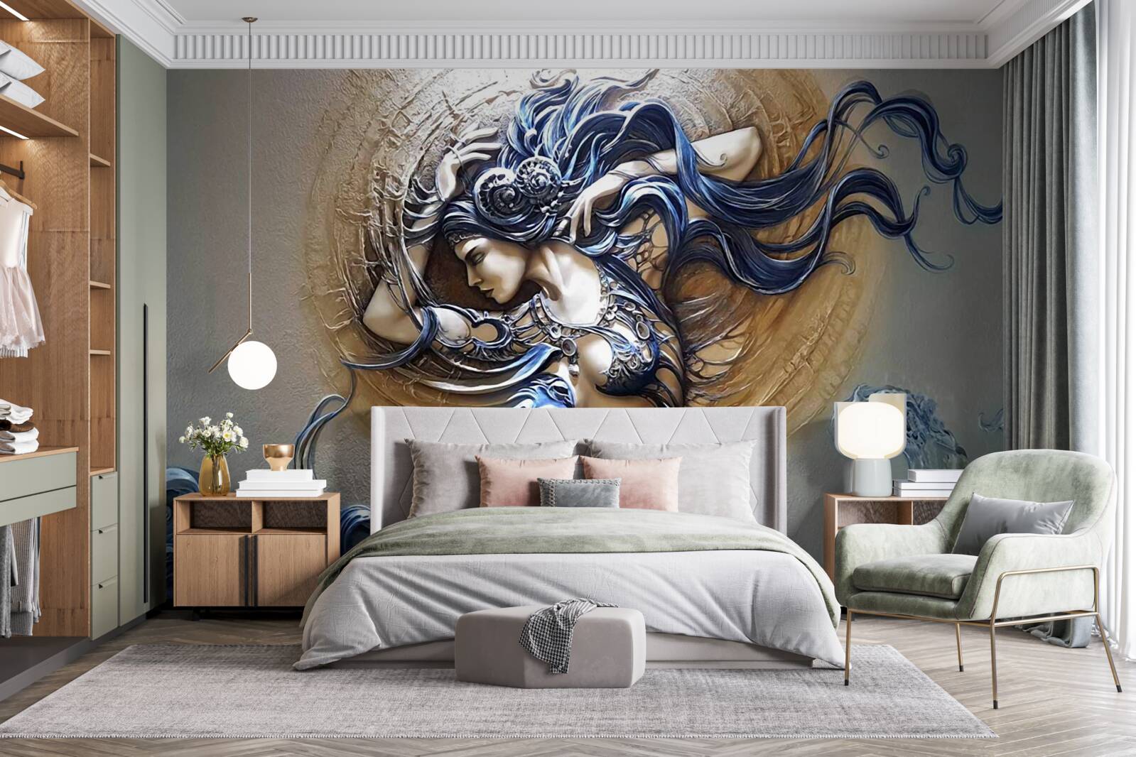 Fotobehang beeld van een meisje in felle kleuren met de zon op de achtergrond