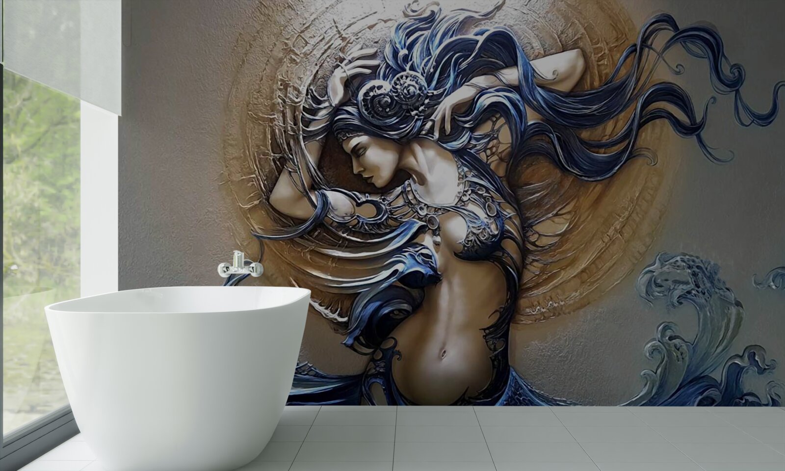 Fotobehang beeld van een meisje in felle kleuren met de zon op de achtergrond